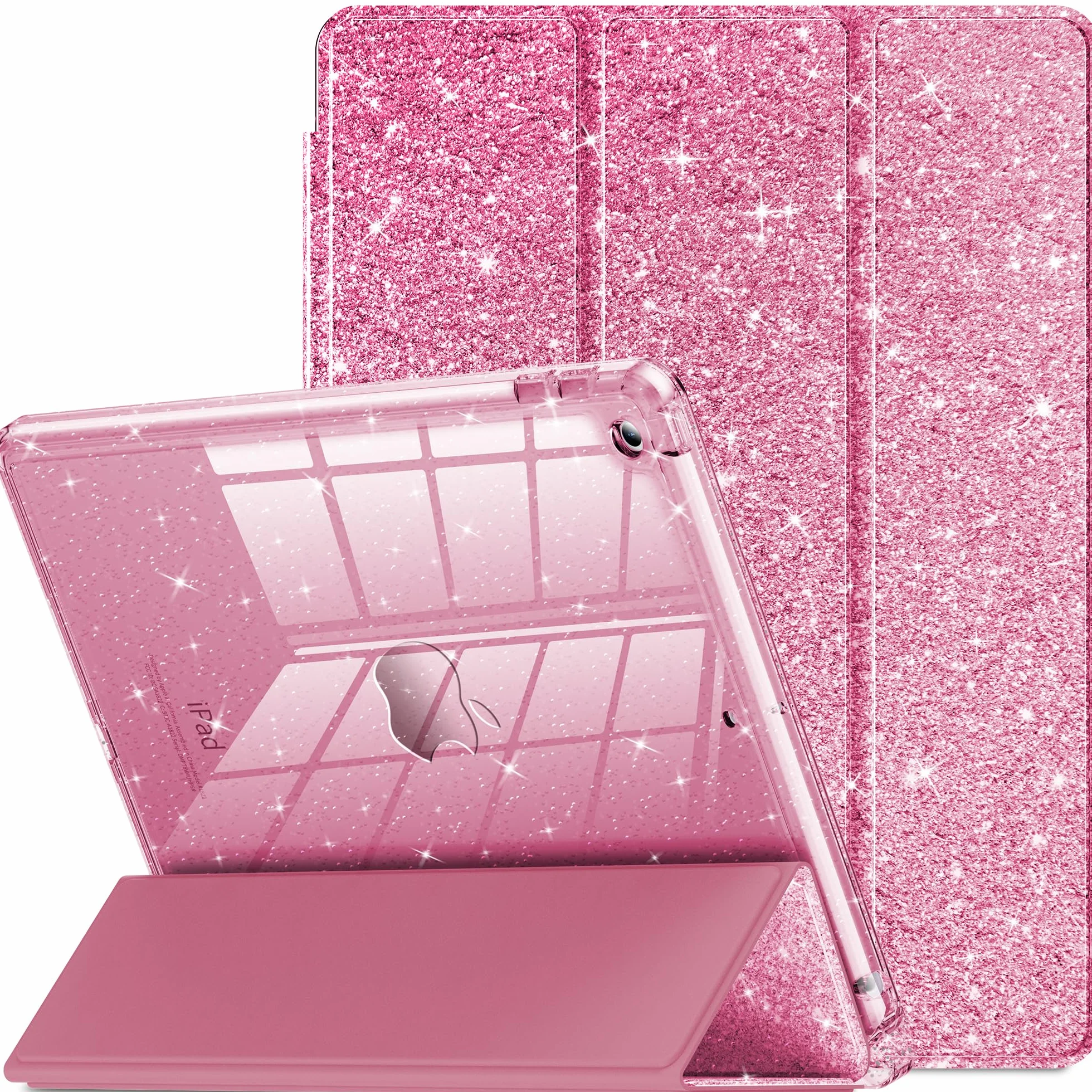 Custodia iPad 10,2" Glitterata Retro Trasparente Portapenne Bambine Rosa
