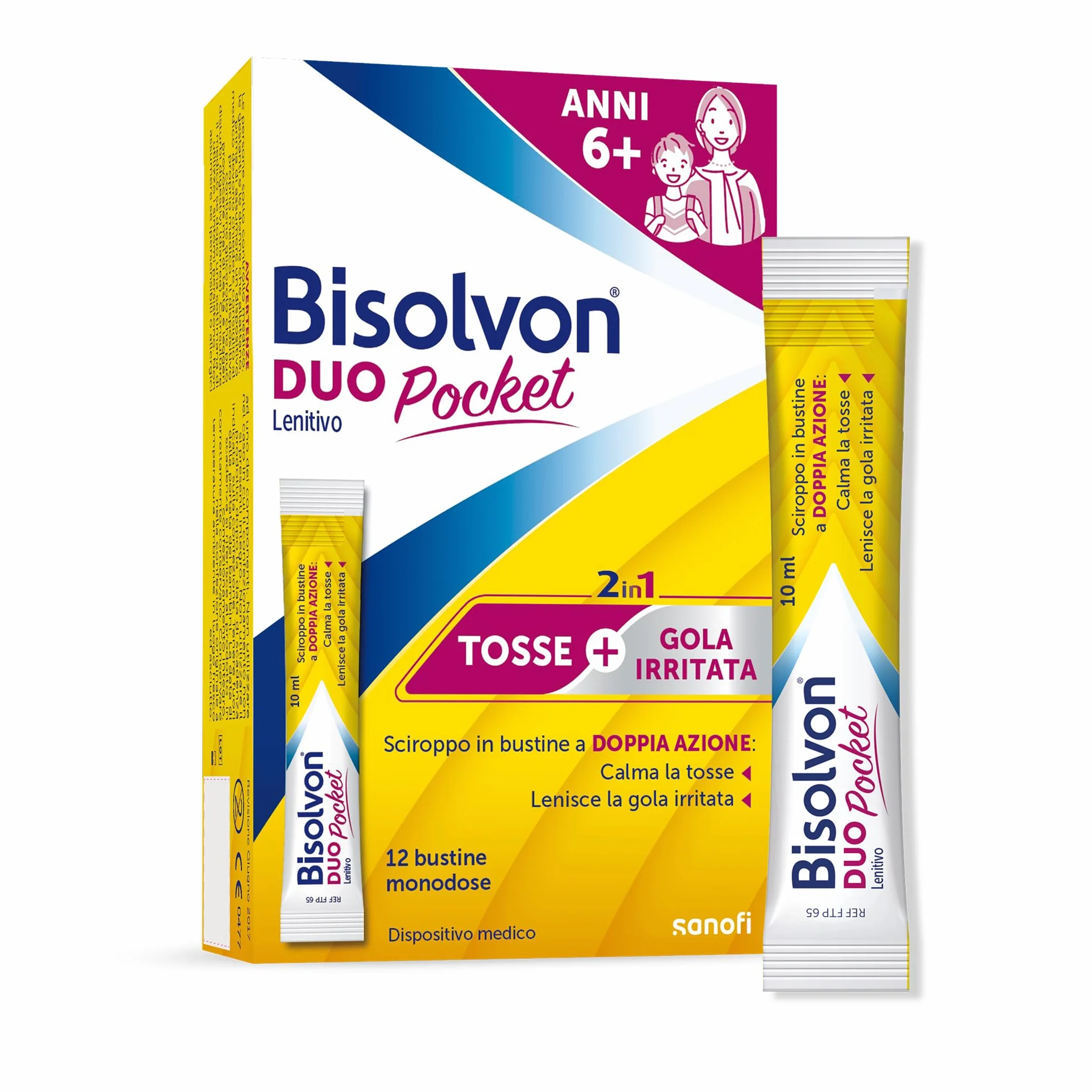 Bisolvon Duo Pocket Sciroppo Tosse, Tosse Secca e Grassa Adulti e Bambini 6+, Senza Glutine, Senza Lattosio (12 Bustine)