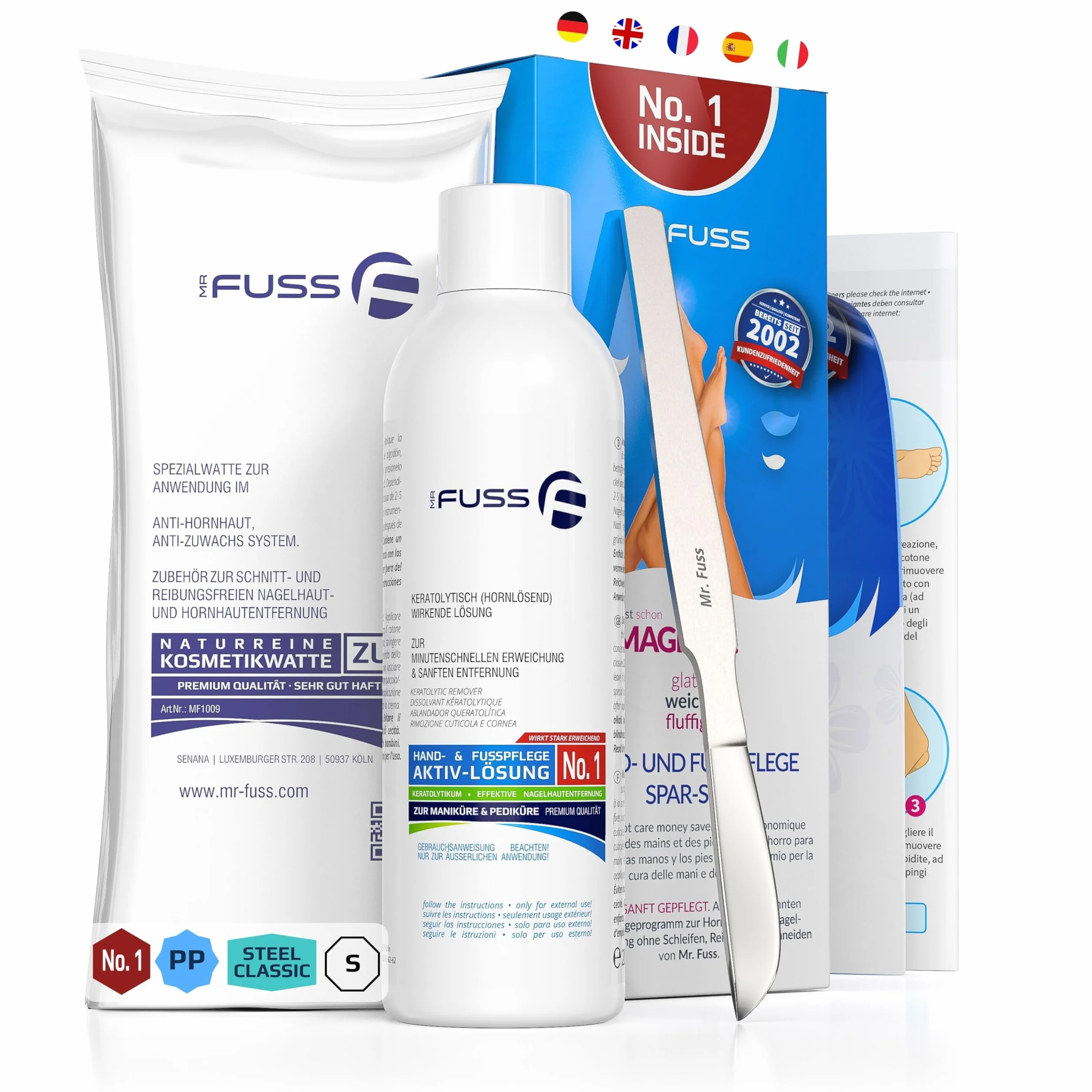 Mr. Fuss No. 1 Plus Pack Steel Classic 200 ml ammorbidente per piedi e cuticole, 3 pezzi