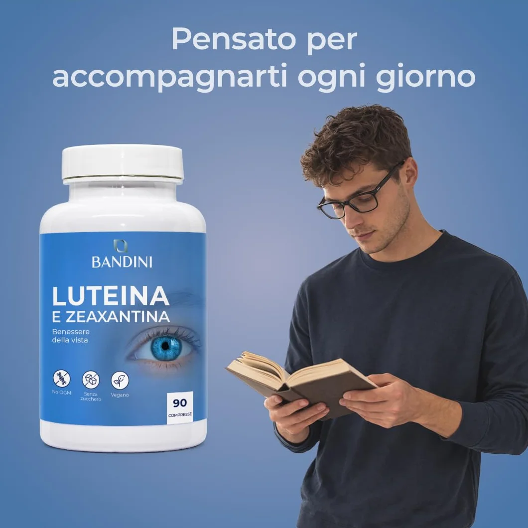 Bandini Luteina e Zeaxantina ad Alto Dosaggio, Integratore Occhi Vista Antiossidante con Mirtillo Nero e Vite Rossa, Zinco, Vitamine A, B2, E – 90 Compresse