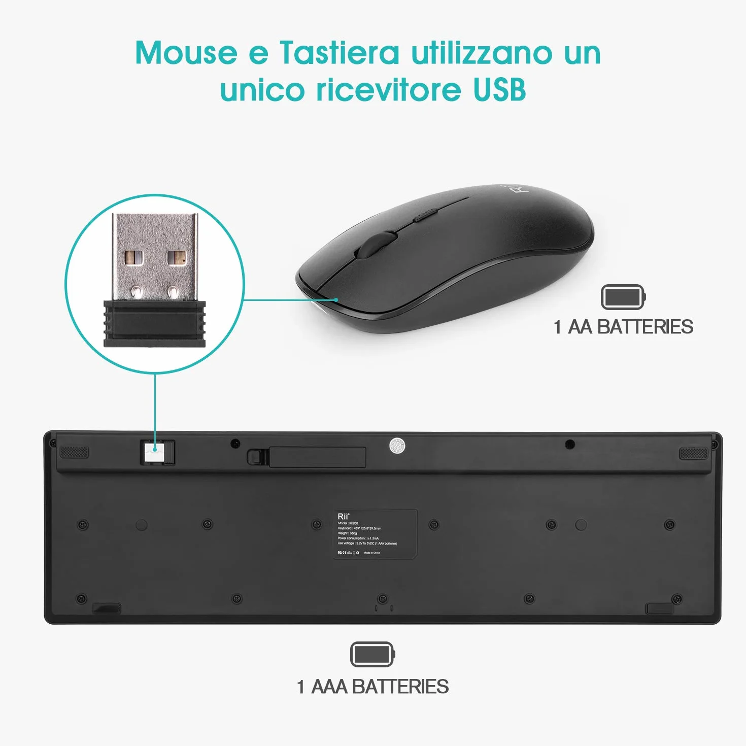 Rii RK200 Wireless - Set Tastiera e Mouse Senza Fili, Tastiera silenziosa con tastierino numerico, Mouse con sensibilità Regolabile, Design Elegante e Minimalista