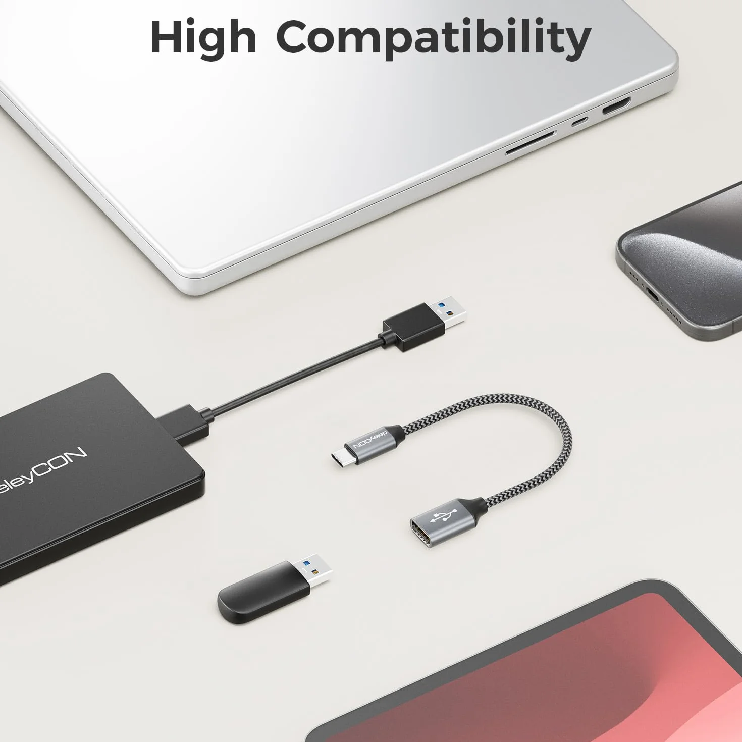 deleyCON Adattatore USB C a USB 2.0 OTG Tipo-C Connettore a Presa A - Cavo per iPhone 17/16/15, Galaxy S26/S25/S24, A56, A17, A16 Tablet, MacBook, iMac, iPad, Notebook ecc.