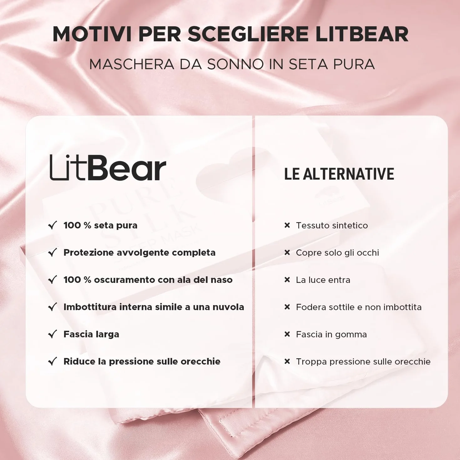 LitBear Maschera per dormire sul fianco 22 momme pura seta di gelso con fascia regolabile Rosa