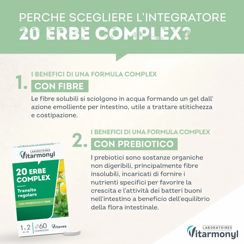 Vitarmonyl 20 Erbe Complex 60 Compresse Transito Regolarità Intestinale Prebiotico Fibre