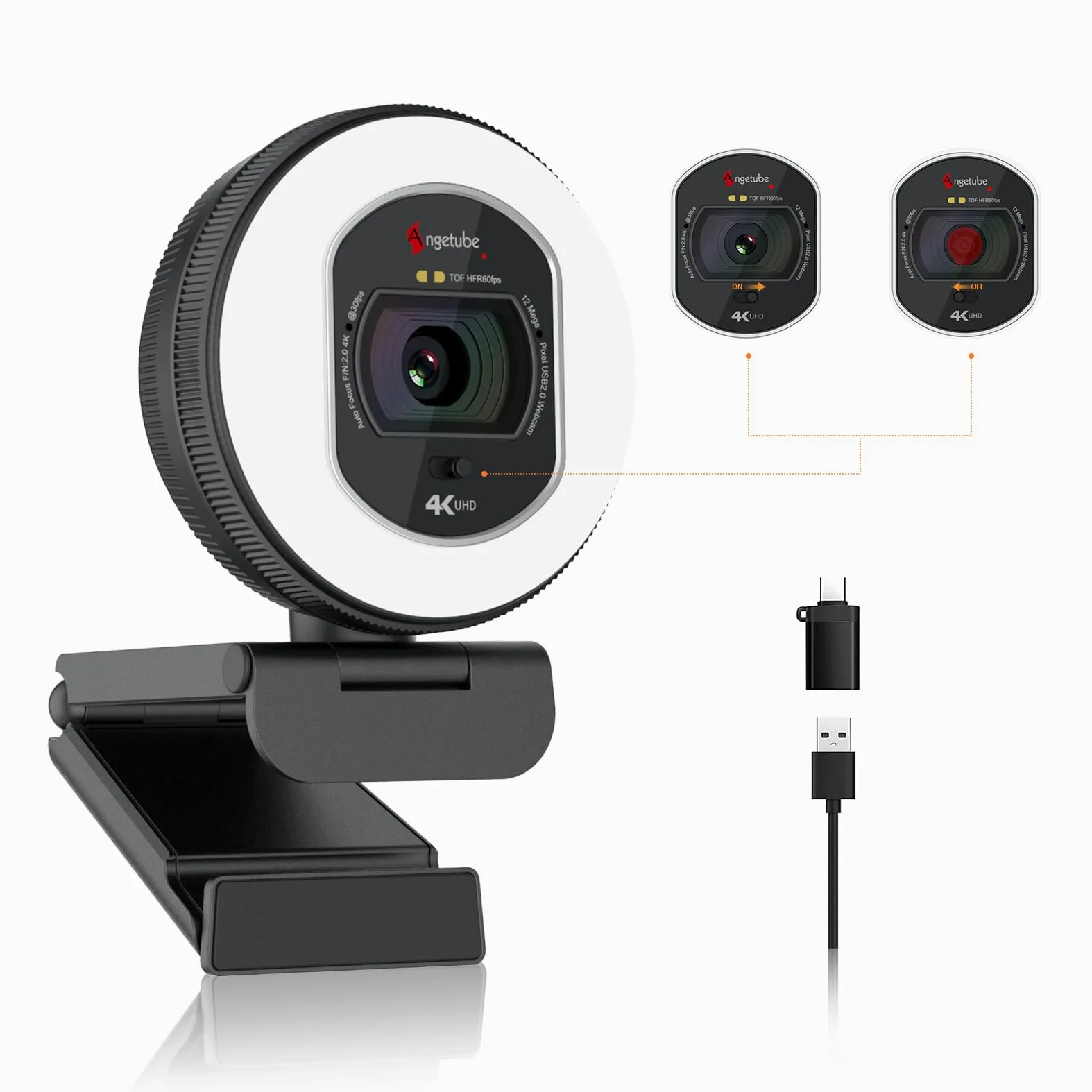 Angetube Webcam 4K con Luce – PC Camera con 2 Microfoni e Autofocus TOF | USB Telecamera 1080P & 60FPS per Laptop e Mac,Streaming Camera con Copri-obiettivo Integrato,Compatibile con Zoom e Teams