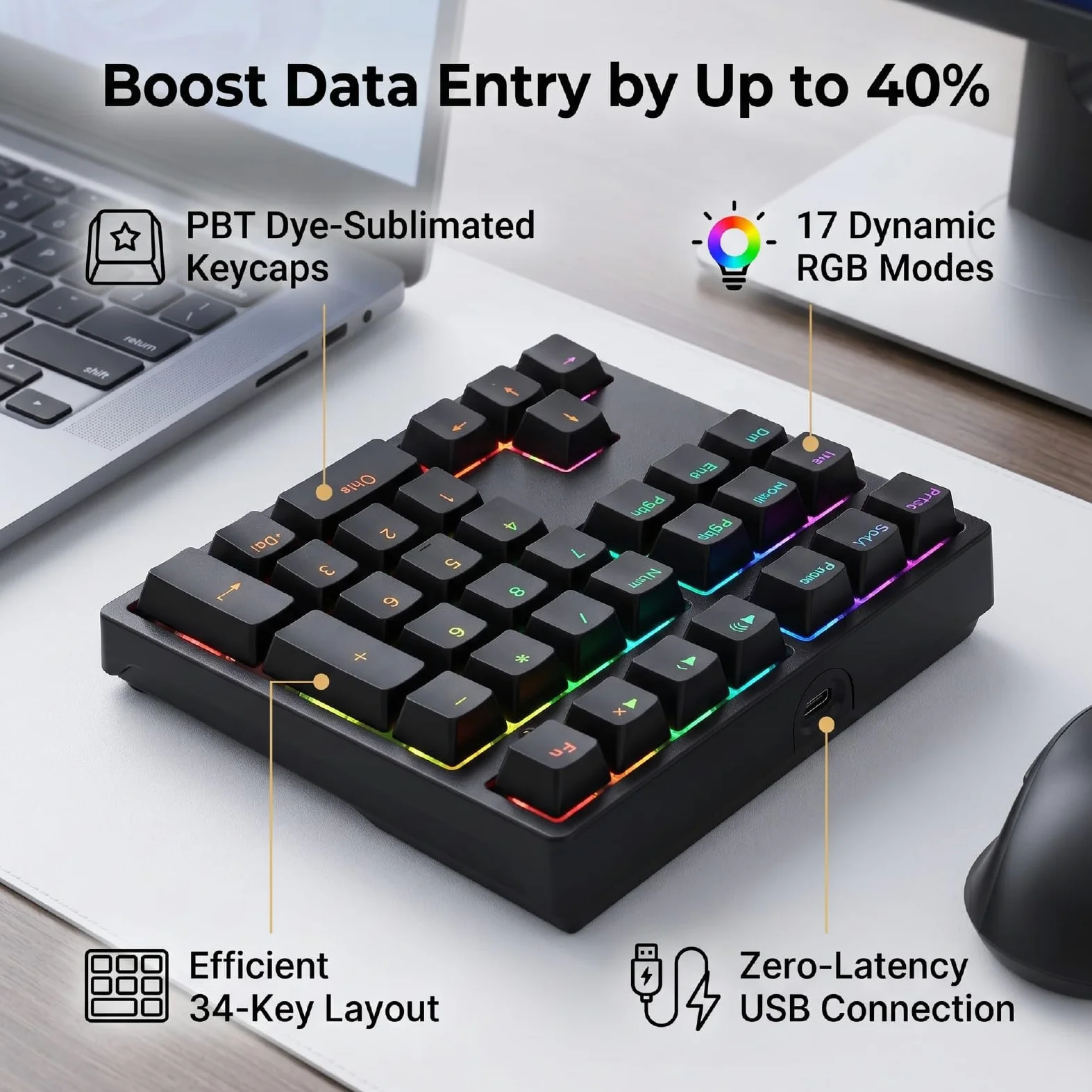 XUMIUZIY Tastierino Numerico Cablato, Tastierino Numerico Meccanico con Retroilluminazione RGB, Copritasti PBT, Interruttore Rosso Sostituibile a Caldo, Silenzioso, Num