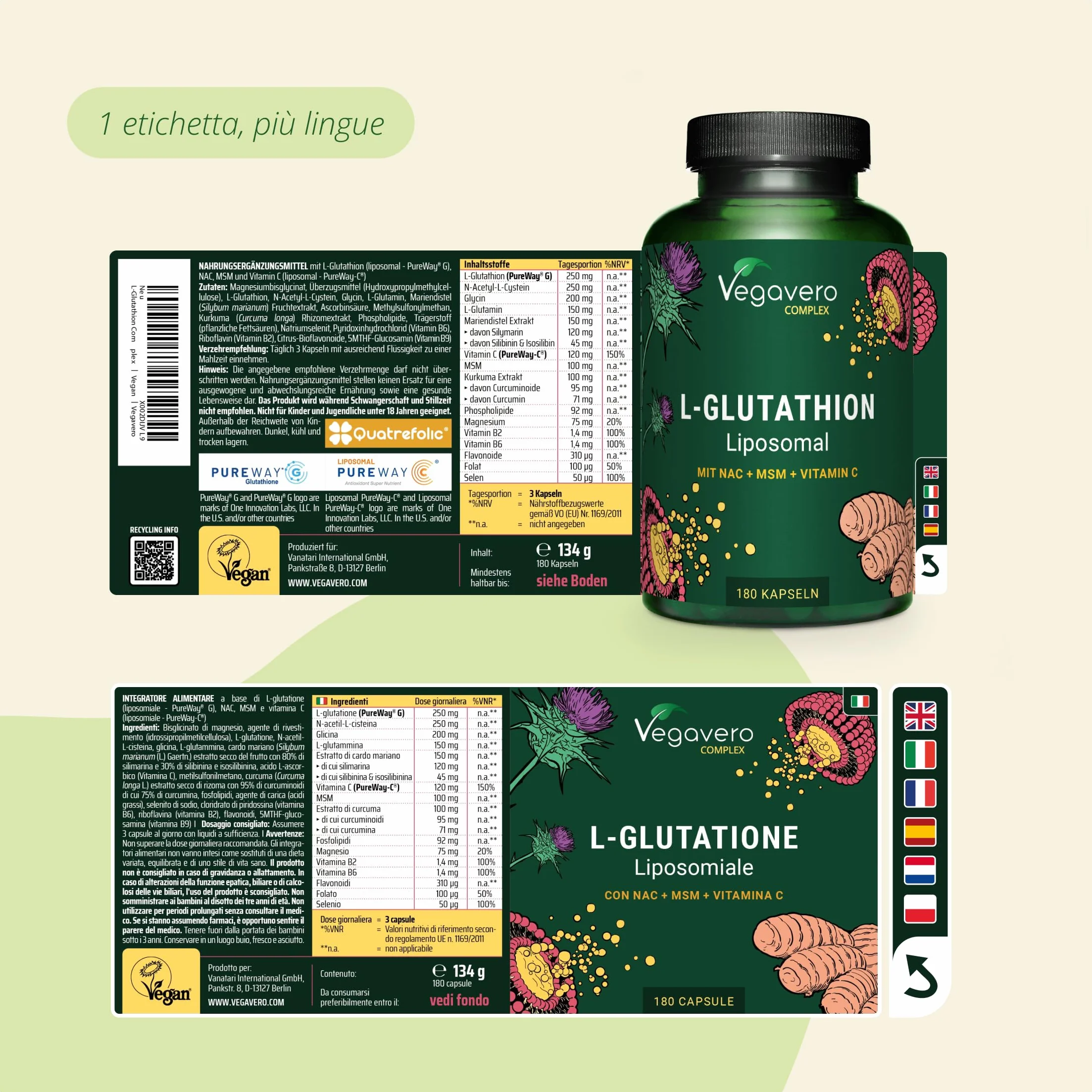 Vegavero Glutatione Liposomiale e Ridotto 180 Capsule Antiossidante Disintossicante Vegano
