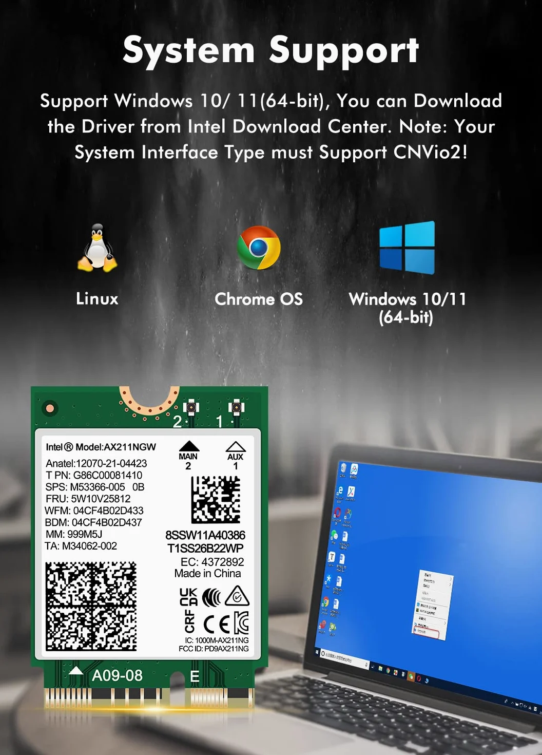 WiFi 6E Wireless Card AX211 NGW. Only Support CNVio2 Protocol and 12/13th Generation CPU, Bluetooth 5.3, Tri-Band 5400Mbps, Network Adapter for Laptop Support Windows 10/11 (64bit),Linux.