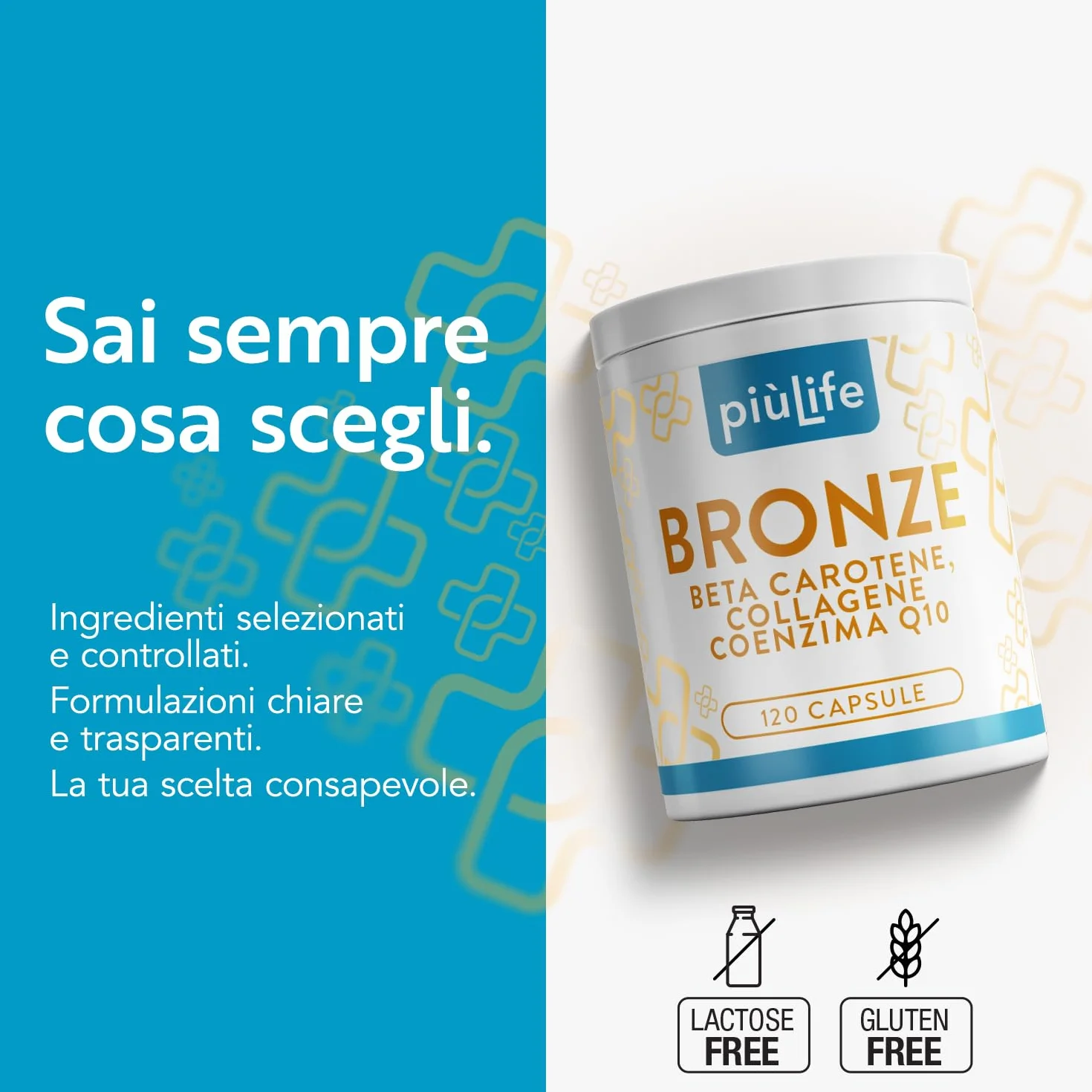 PiùLife Betacarotene Integratore Abbronzatura 120 Capsule con Vitamina A C E Selenio Licopene Collagene Acido Ialuronico