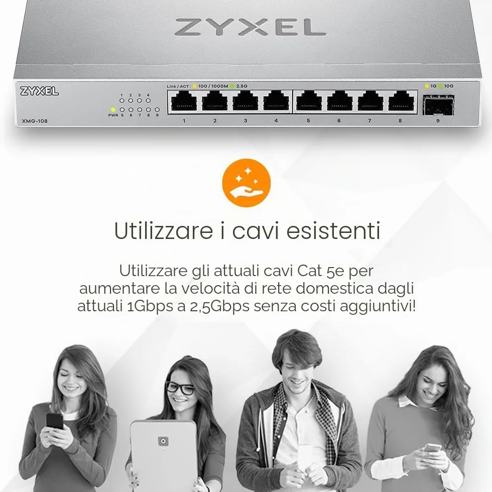 Zyxel Switch Ethernet 8 Porte | Unmanaged Multi-Gigabit Switch 2.5 Gigabit | 1 x 10Gb SFP+ | Montaggio su Desktop o Parete [XMG-108]