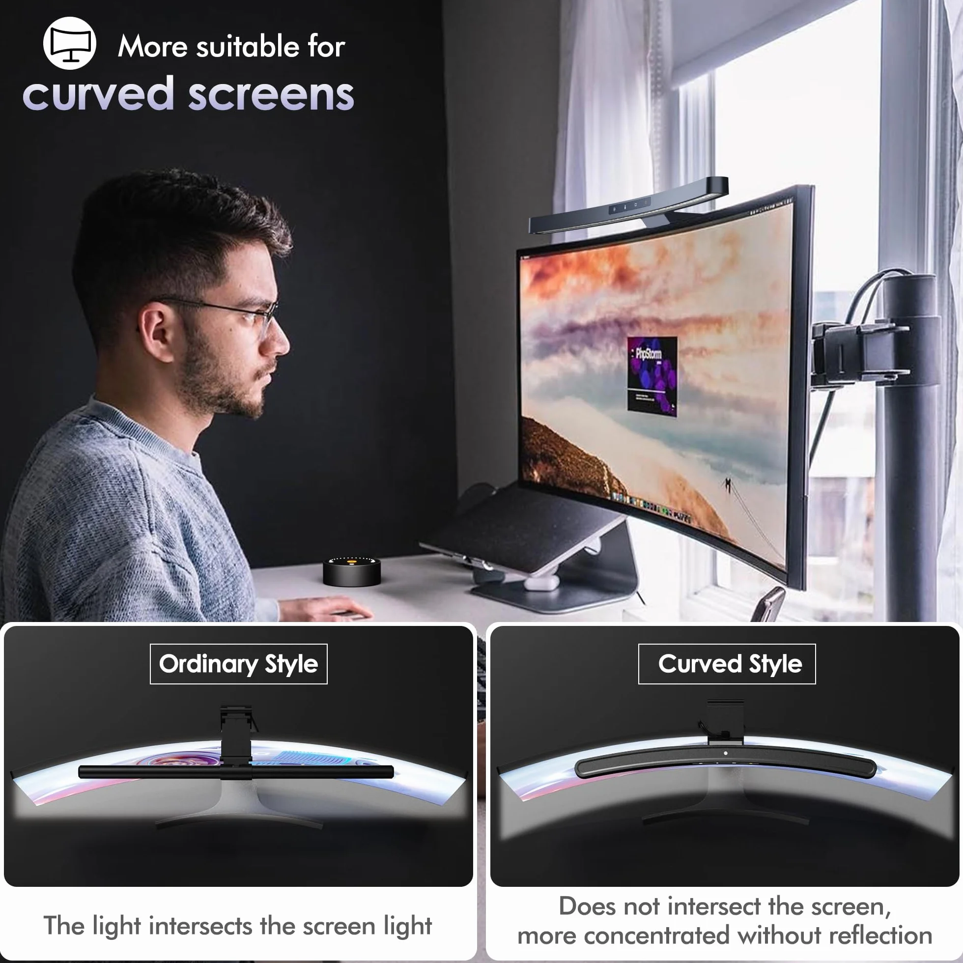 Quntis USB Lampada Monitor Curvo da 45CM con Controllo a Sfioramento e Telecomando, Luce Monitor con Oscuramento Automatico per la Cura Degli Occhi, Luce Anti-Blu, Antiriflesso, Salvaspazio