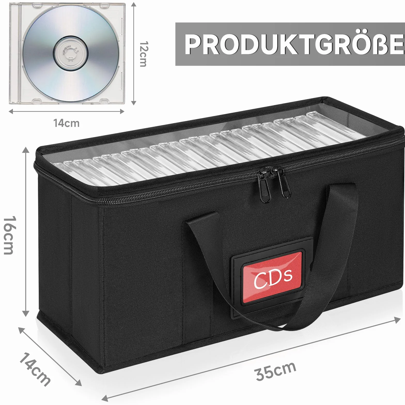 Scatola per CD, 2 scatole CD, custodia per CD (34 x 16 x 14 cm), per un totale di 40 CD, custodia per CD con maniglia, custodia per CD con coperchio trasparente per un facile accesso