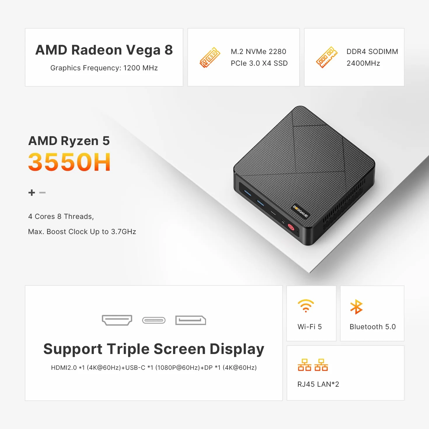 BOSGAME E4 Windows 11 Pro Mini PC Ryzen 5 3550H 16GB DDR4 RAM 512GB SSD 4K Triple Display HDMI DP Type-C Dual LAN
