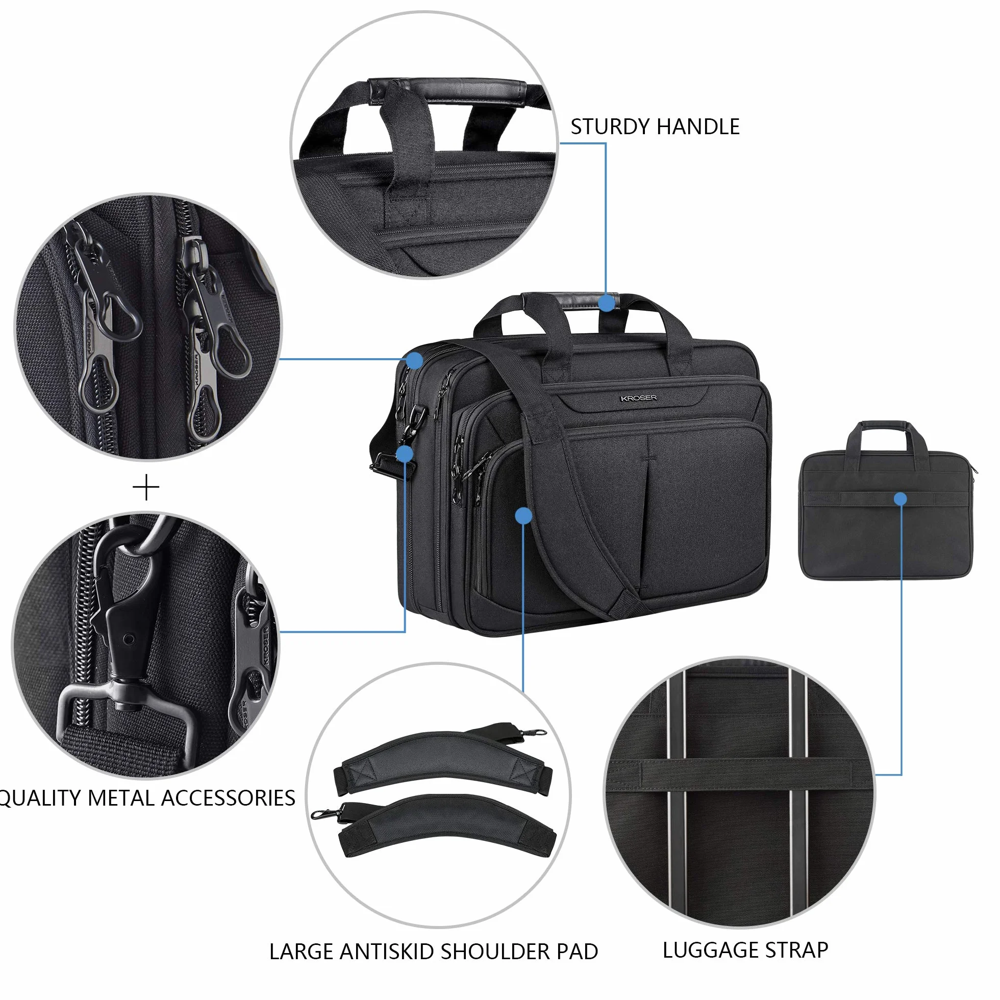 KROSER Borsa del Portatile Cartella Leggera Espandibile Aggiornata da 18" per Laptop 17.3" Borsa da Lavoro Premium Borsa Messenger Idrorepellente con Tasche RFID per Scuola/Viaggio/Donna/Uomo-Nero
