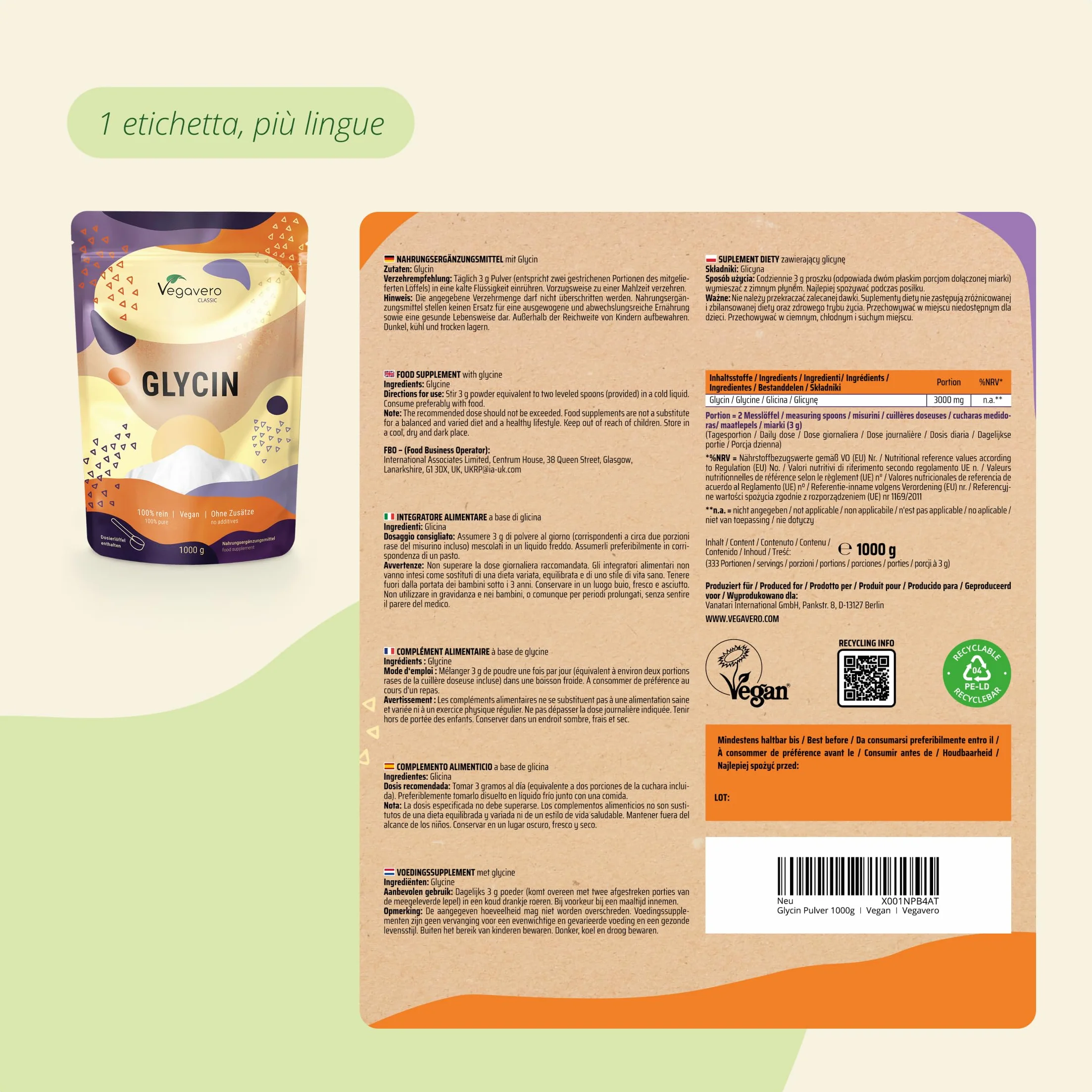 GLICINA Vegavero® 1000 g Polvere L-Glicina Pura Integratore per Dormire Articolazioni Vegan