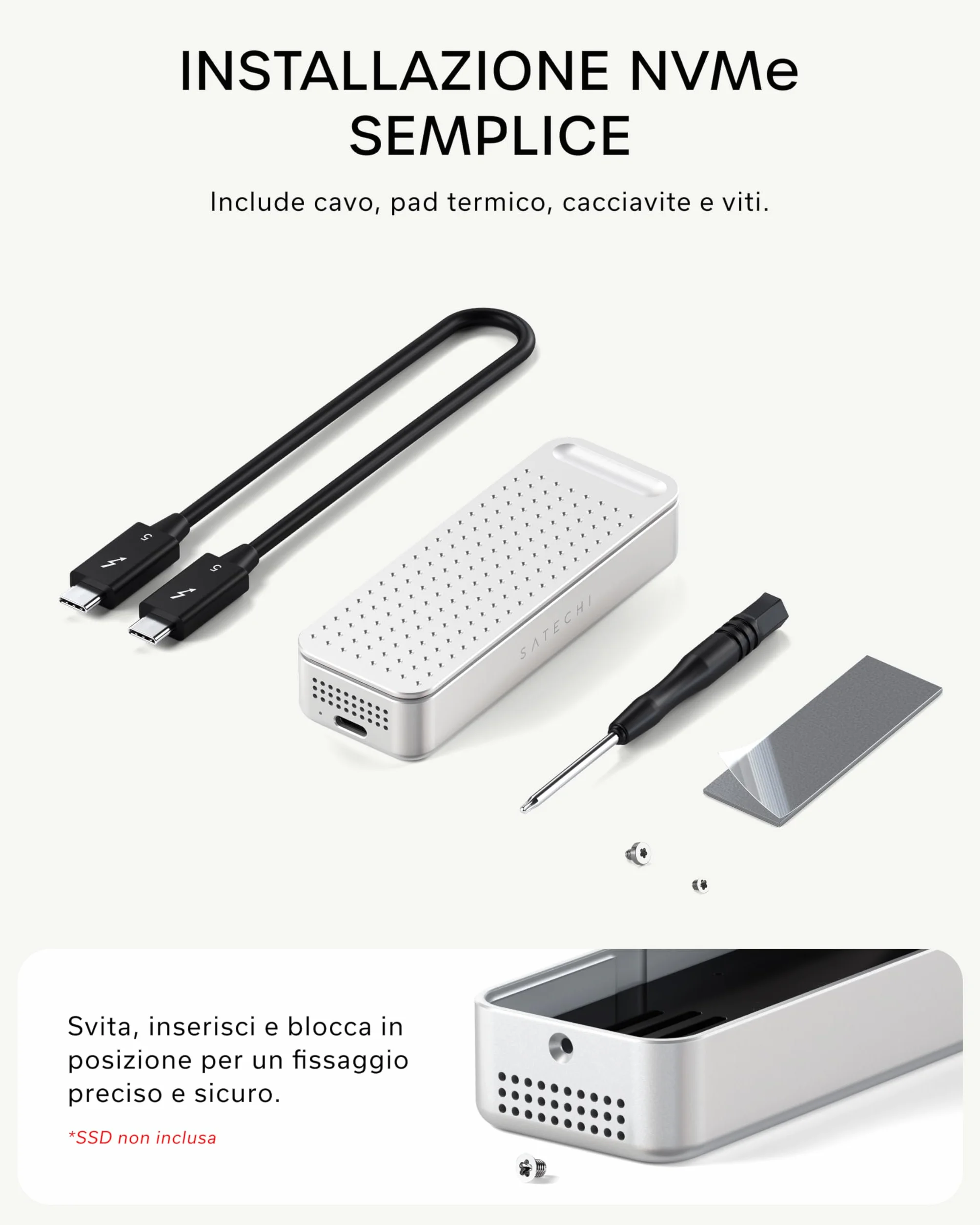 SATECHI DotDisk™ Case SSD M.2 NVMe 80Gbps, USB4 V2 in Alluminio con Raffreddamento Attivo, Trasferimento Ultra Rapido per Thunderbolt 5 e USB4 – Argento