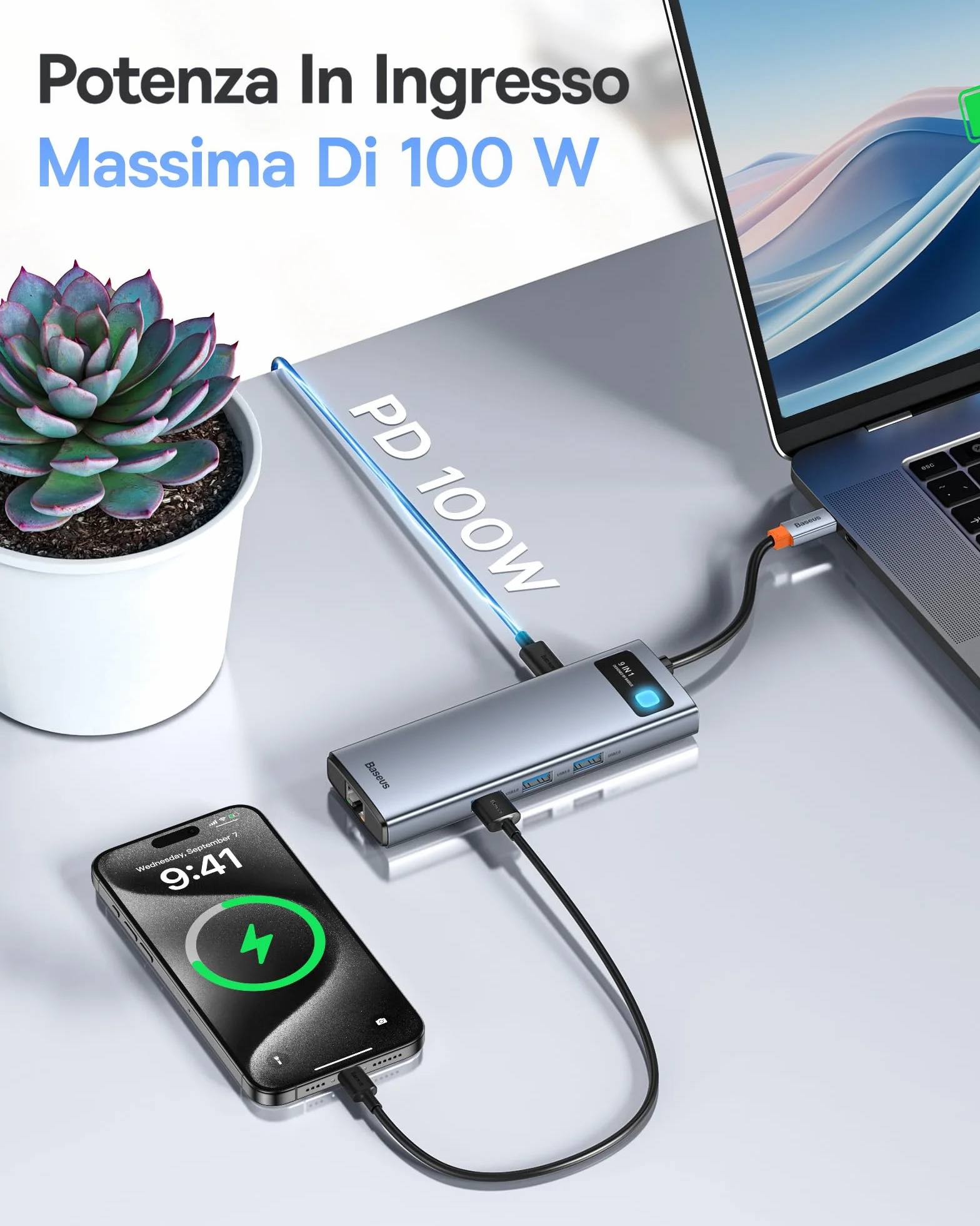 Baseus Docking Station 9 in 1 USB C 4K120Hz, 2 Monitor HDMI, Hub USB C, Ethernet 1000 Mbp, PD 100W, lettore di schede TF/SD, USB 3.0, Adattatore per MacBook/Dell/HP/Lenovo e altri PC