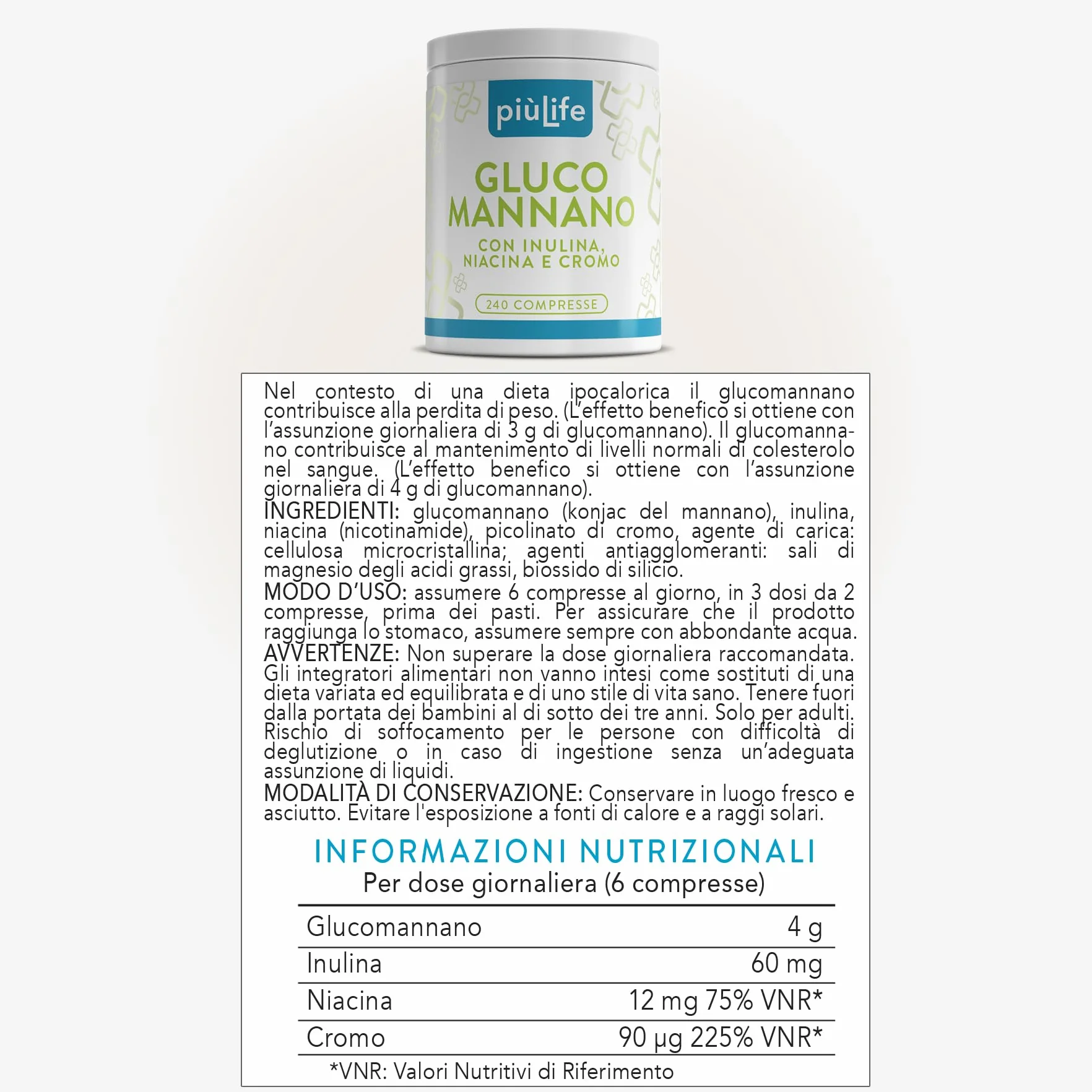 PiùLife Glucomannano Forte 240 Compresse 4000 mg 95% Tit. Con Inulina Niacina Cromo Metabolismo Appetito