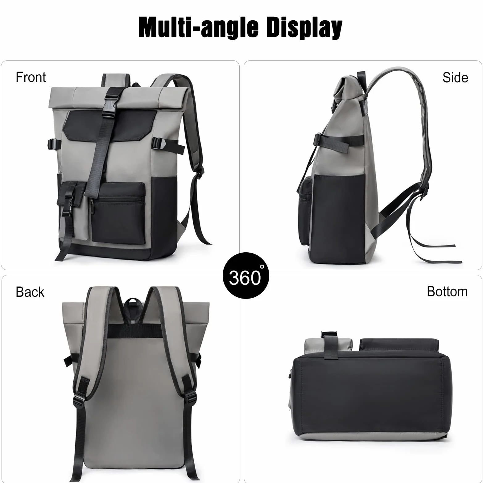 FANDARE Retrò Zaino Rolltop Ultraleggero Porta PC 15.6 Pollici, Zainetto per Scuola Università Viaggio Lavoro, da Uomo Donna - Grigio Scuro