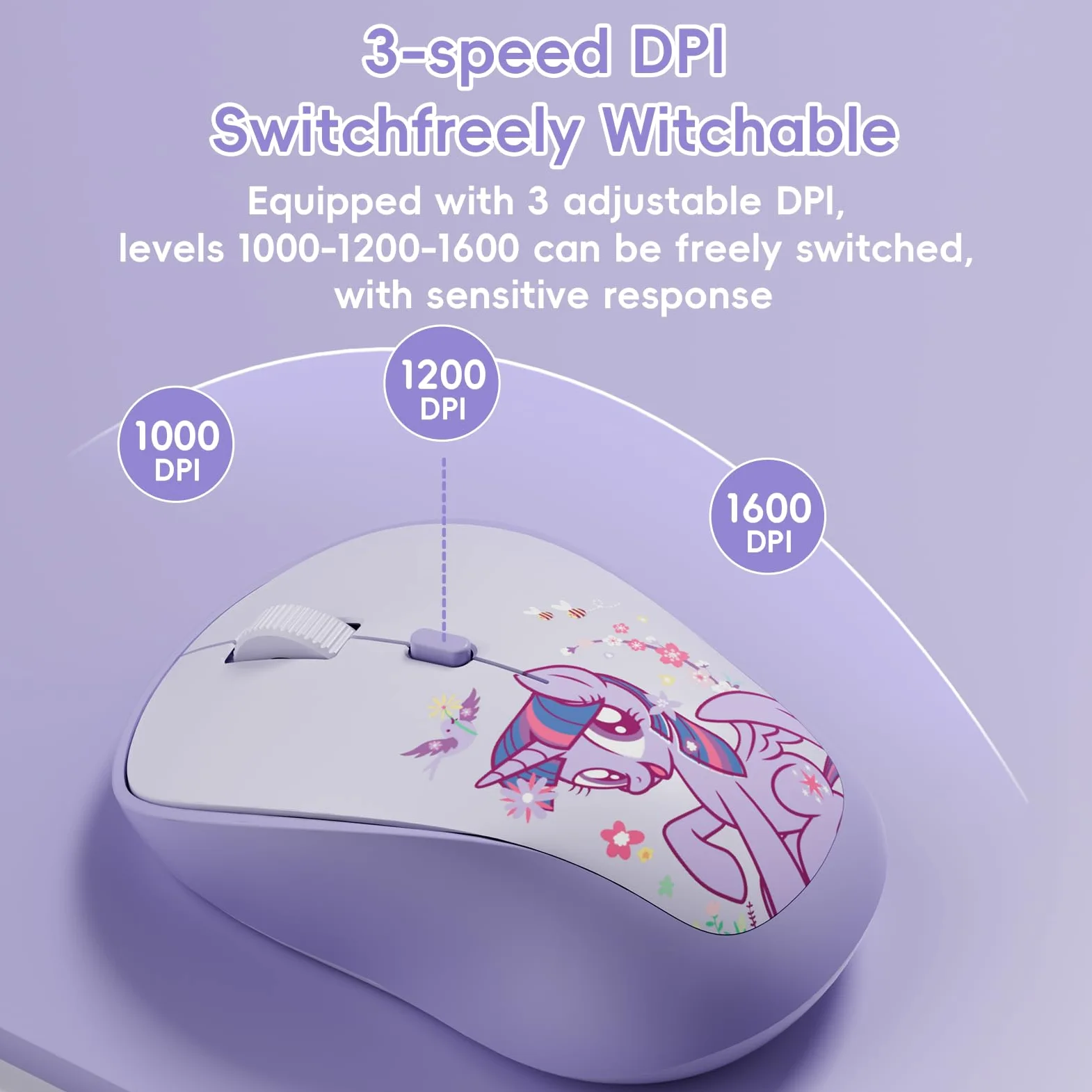 My Little Pony Twilight Sparkle Mouse wireless – Mouse silenzioso a 4 pulsanti con 3 DPI regolabili (1000/1200/1600), 2,4 GHz wireless per Windows/Mac, design compatto ed ergonomico, viola