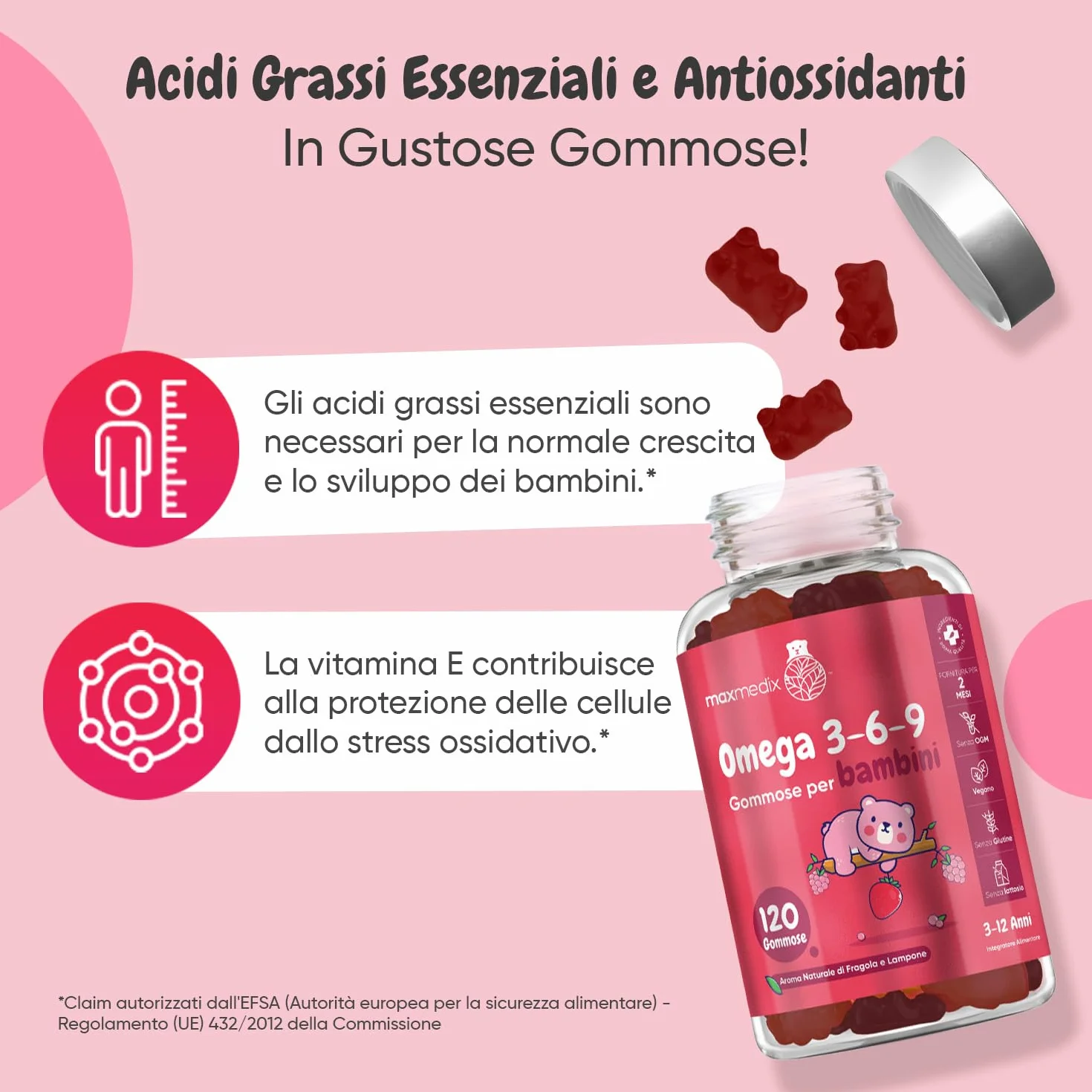 Omega 3 per Bambini 400mg ALA 60% Olio di Perilla 120 Gommose Vegan Senza Glutine