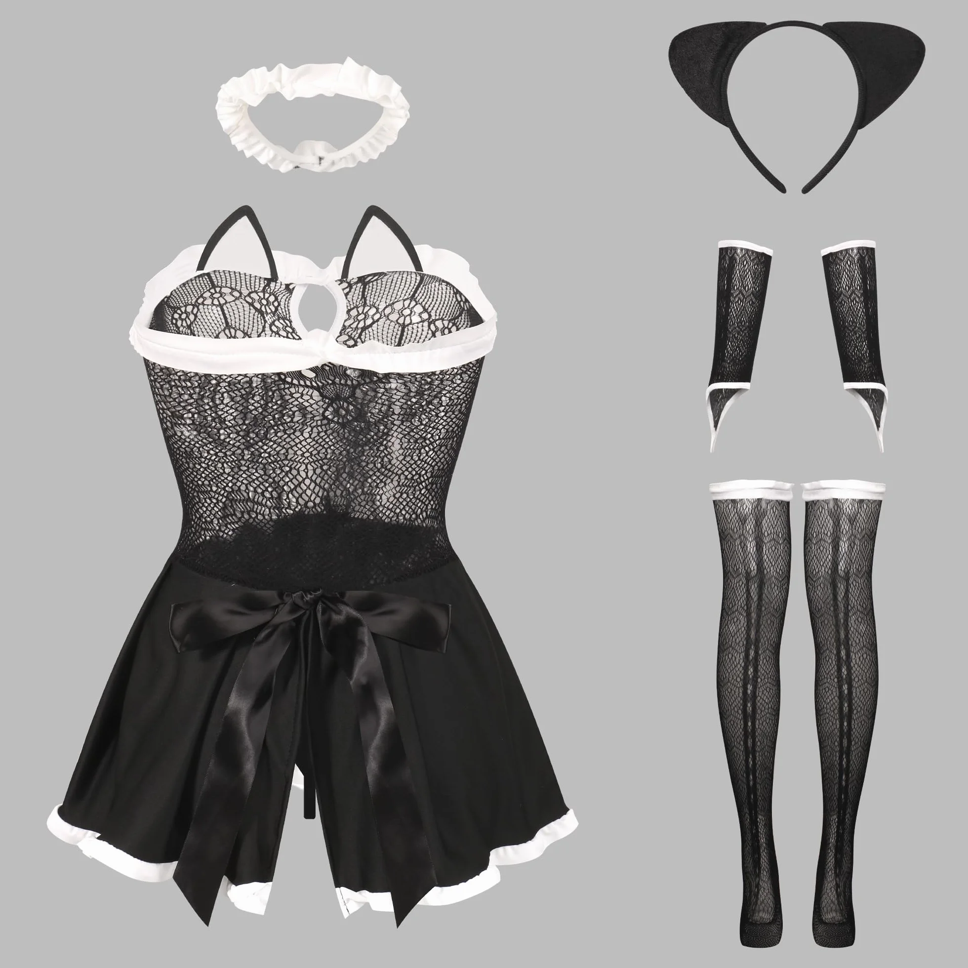 Costume Cosplay Cameriera Francese Cat Intimo Trasparente Halloween Donna Pizzo Babydoll con Calze