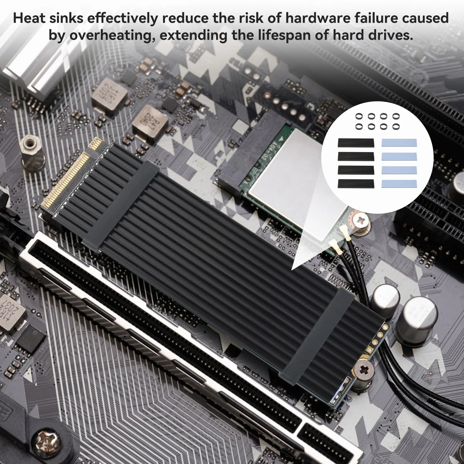 OTraki 4 Pezzi Dissipatore di Calore SSD M.2, 5,M2 2280 NVMe SSD Hard Disk Alluminio Dissipatore di Calore con Cuscinetto Termico in Silicone e 8 Fascette in Gomma,Termici in Silicone con PC fisso/PS5