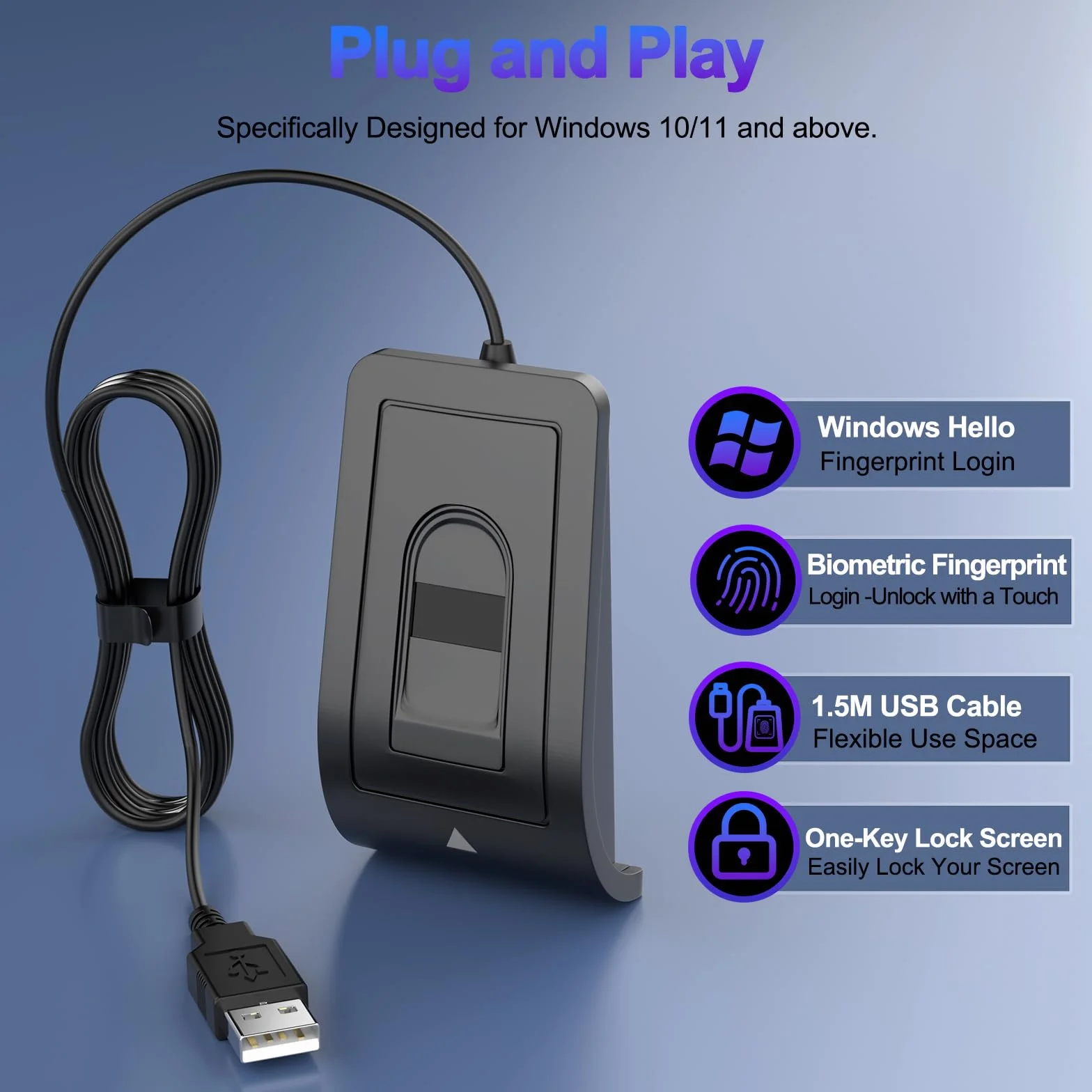 Rocketek Lettore Impronte Digitali USB-A per Windows 10/11, Sensore di sicurezza con cavo di prolunga (1,5 m),360 Gradi lettore impronte digitali funzionamento senza password,Supporta fino a 10 ID