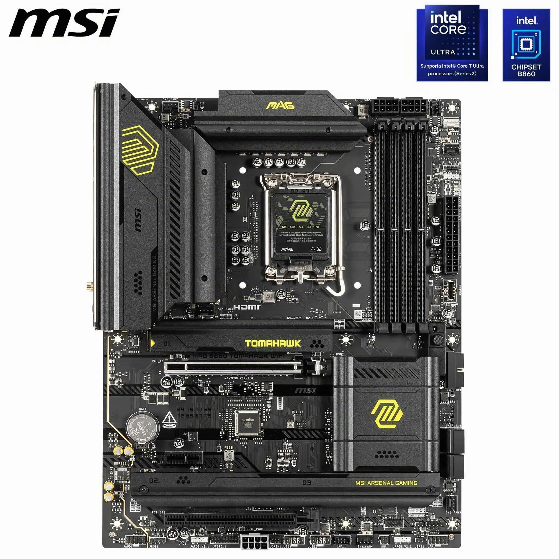 MSI MAG B860 TOMAHAWK WIFI - Scheda madre ATX, supporta i processori Intel Core Ultra (Serie 2), LGA 1851 - DDR5 Memory Boost 9200+ MT/s OC, 1 x PCIe 5.0 x16, 1 x M.2 Gen5, LAN 5G, Wi-Fi 7