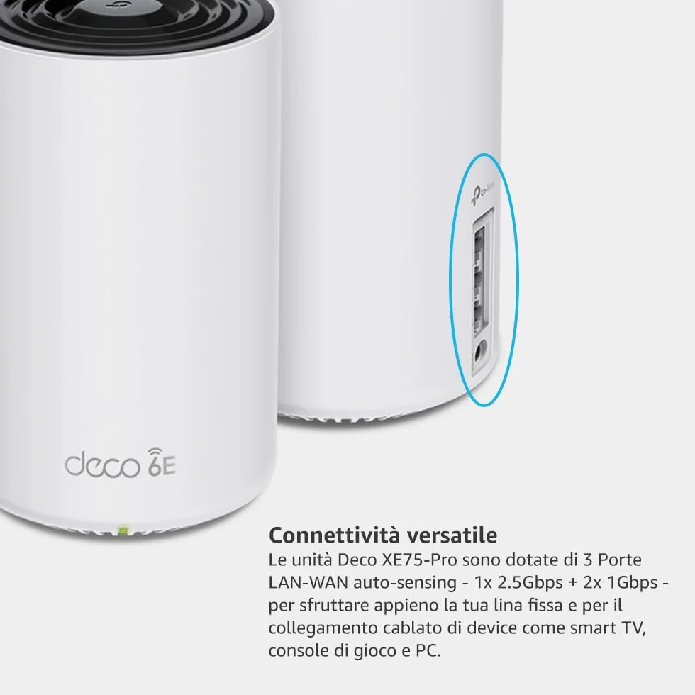 TP-Link Deco XE75 Pro Router Mesh WiFi 6E, AXE5400Mbps Tri-Band, Nuova Banda da 6 GHz, Porta Ethernet da 2,5 Gbps, AI Mesh, Ripetitore WiFi, Access Point, Alexa, 3 Pezzi con Copertura fino a 670㎡
