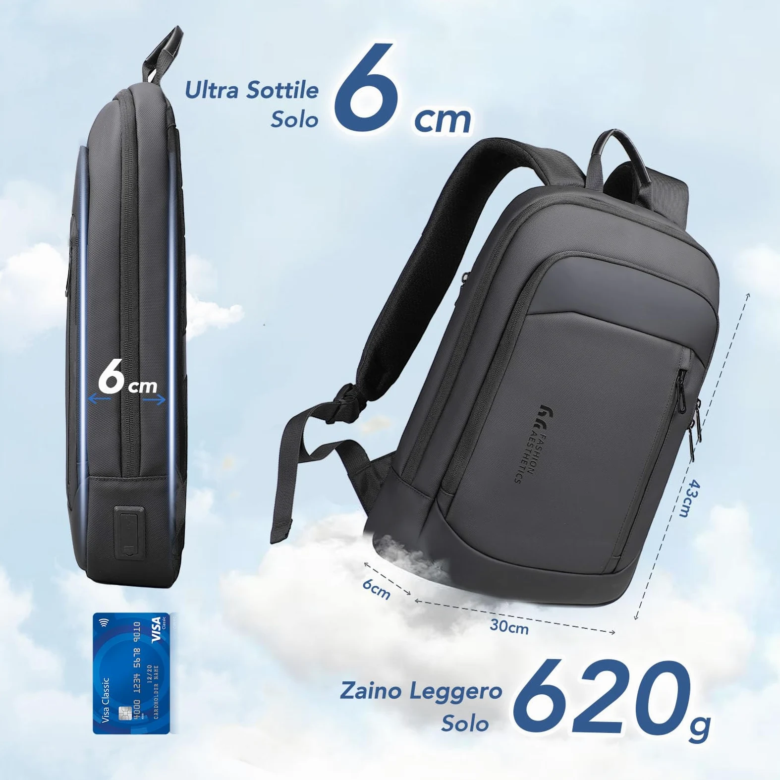 Zaino Ultra Sottile da Uomo, Impermeabile per Zaino porta PC | Laptop da 15,6 pollici con Porte di Ricarica USB A&C, Leggero e Antifurto per Lavoro Ufficio Viaggi e Viaggi d'Affari, Nero