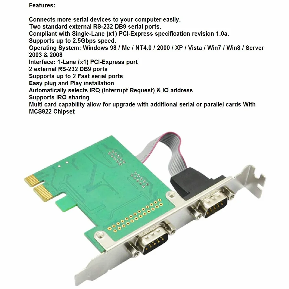 Dual Port Scheda seriale DB9 COM RS232 PCIe X1 Card per PC desktop con staffa bassa Moschip MCS9922