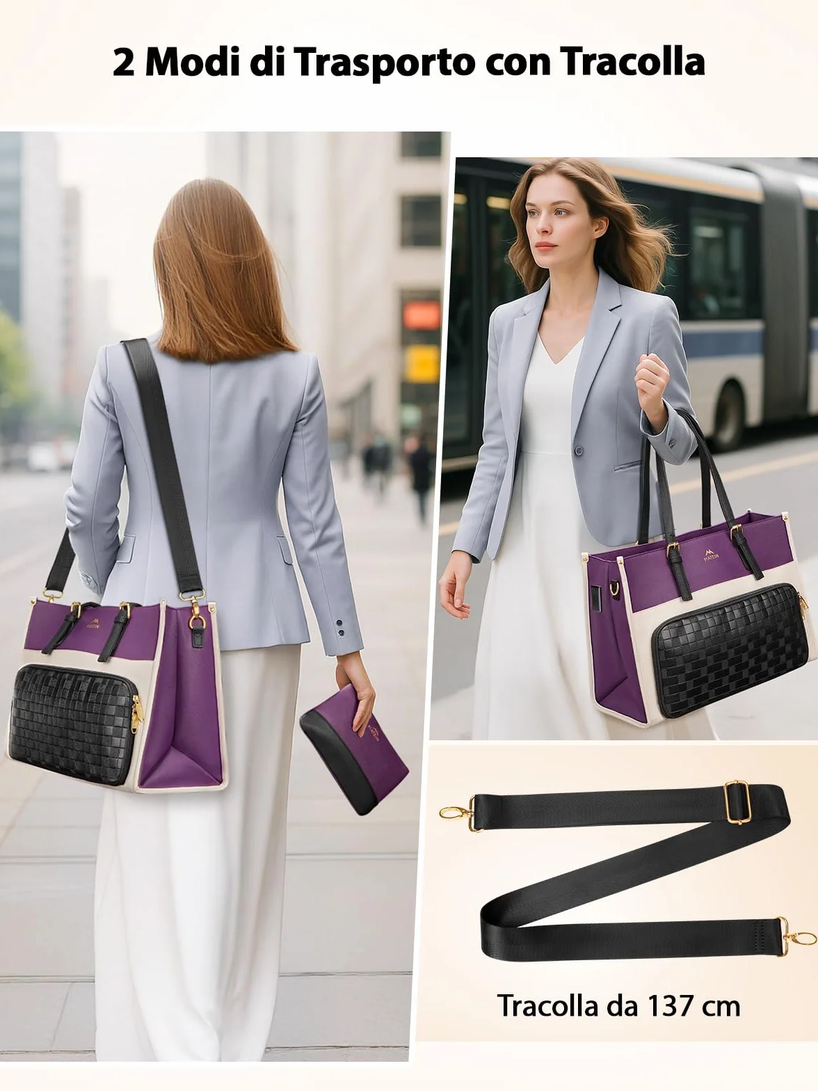 MATEIN Borsa Porta PC Donna con Scomparto Pranzo Isolato, 15,6 Pollici Grande Borsa Tote Elegante con Porta Pranzo, Pochette Impermeabile, Antifurto, per Lavoro Viaggio e Università, Viola