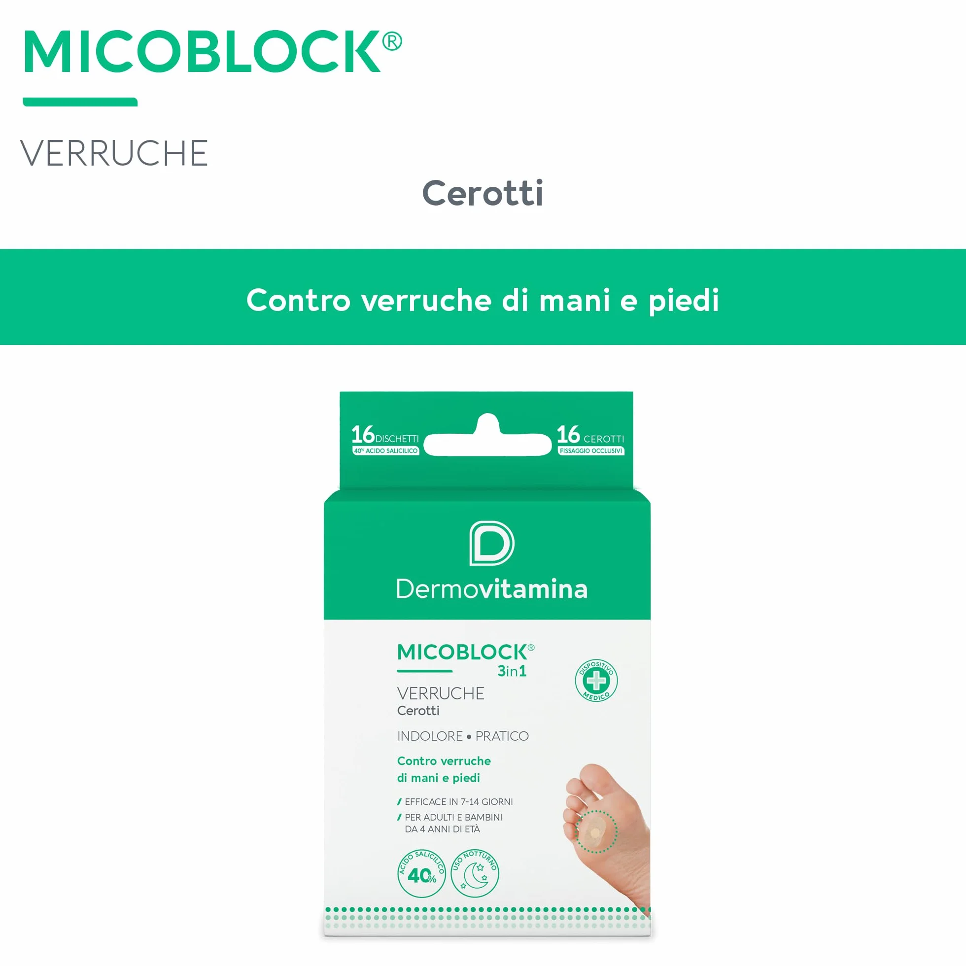 Dermovitamina Micoblock 3in1 Cerotti Verruche Acido Salicilico Mani e Piedi Confezione 16+16