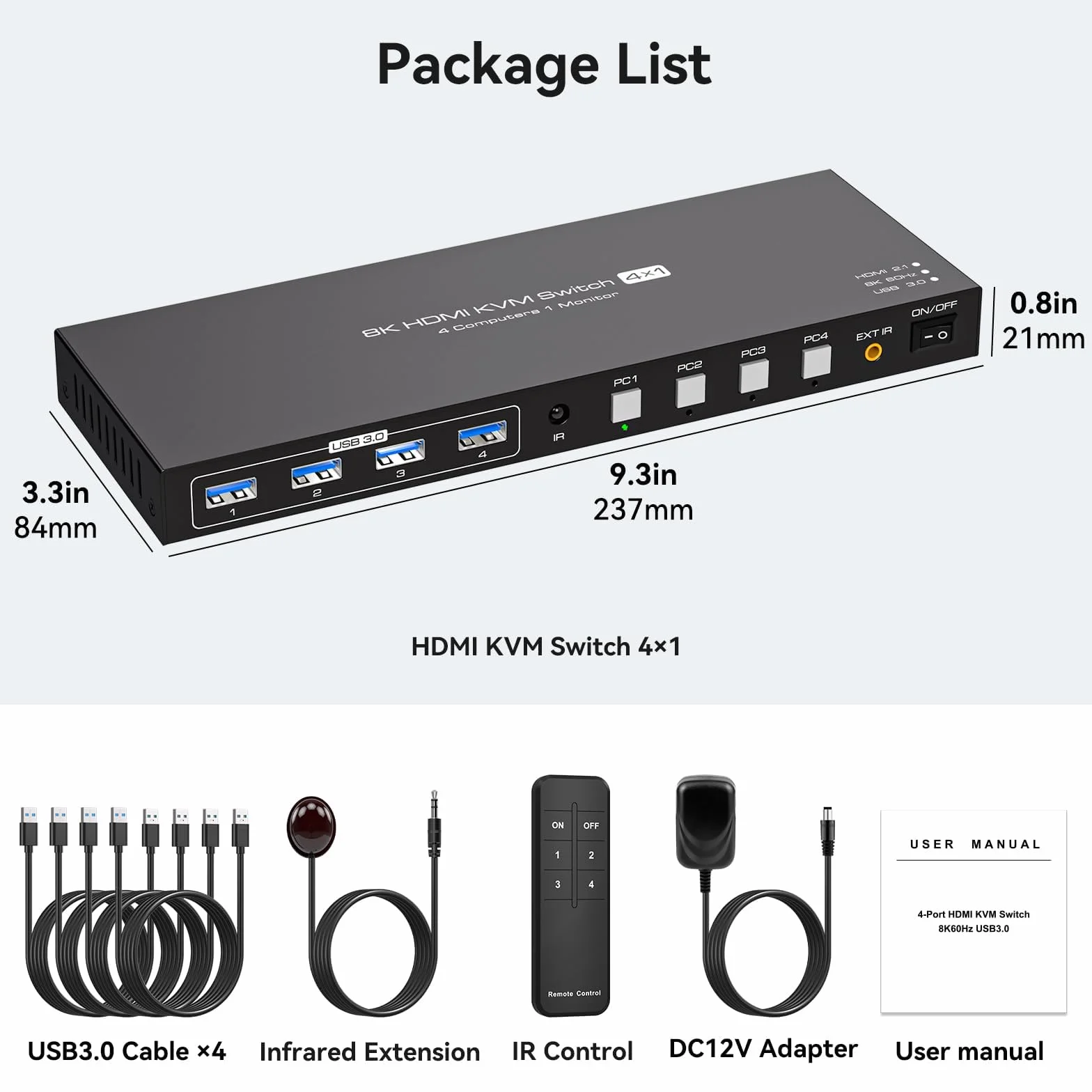 VPFET 4K144Hz HDMI 2.1 KVM Switch 4 PC 1 Monitor 8K60Hz Simulazione EDID 4 Porte KVM Commutatore per 4 parti PC 1 monitor e 4 dispositivi USB 3.0 Tastiera Mouse Stampante con 4 cavi USB 3.0