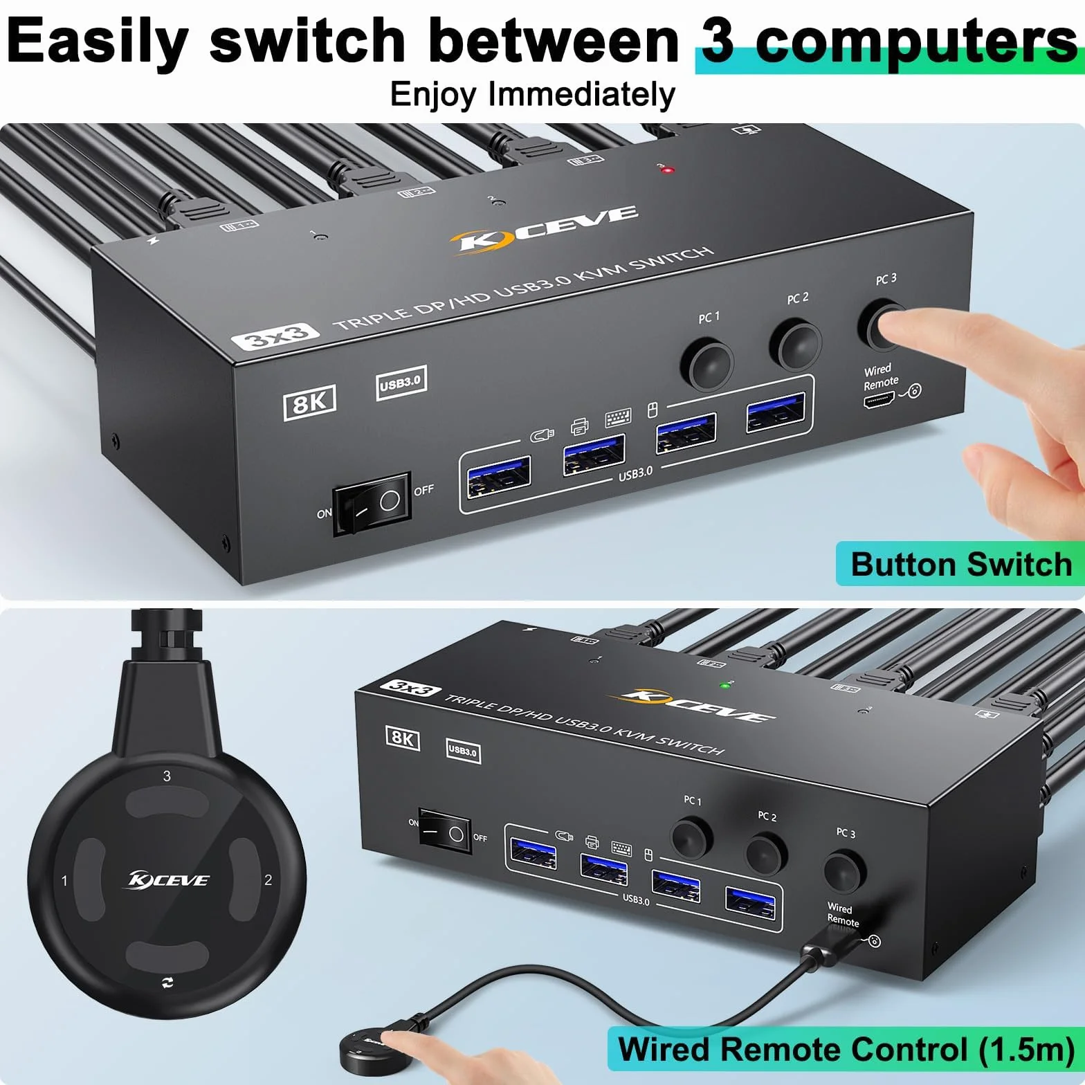 USB 3.0 Switch KVM 3 PC 3 Monitor 8K@60Hz 4K@144Hz, MLEEDA HDMI+2 Displayport Switch KVM 3 PC Condividi 3 Monitor e 4 Dispositivi USB 3.0, con Alimentatore da 12V DC, Telecomando Cablato e 3 Cavi USB