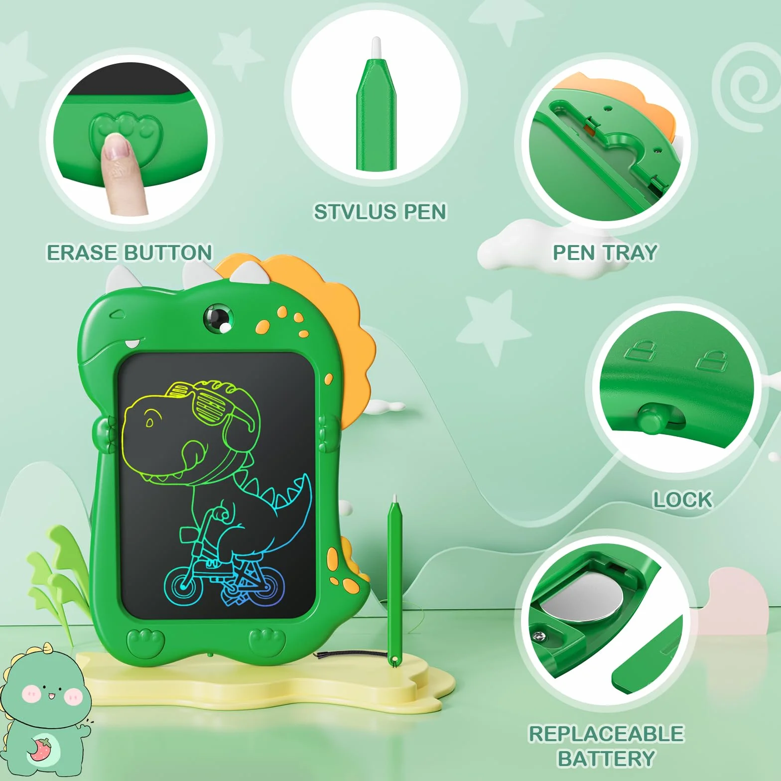 Tavoletta Grafica Bambini LCD 10 Pollici Lavagna Cancellabile Regalo Compleanno Ragazzi Verde