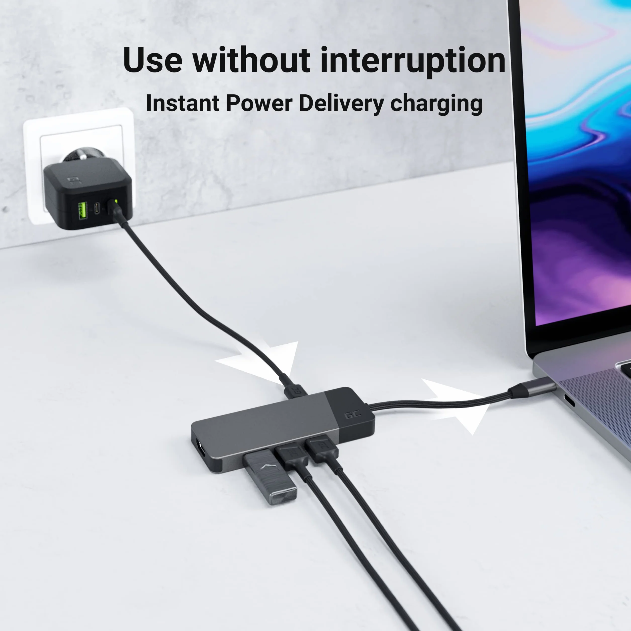 Adattatore, Stazione docking HUB USB-C PD 85W GC Connect 7in1 (3x USB-A 3.1 HDMI 4K 60Hz SD microSD) per Apple MacBook M1/M2, Lenovo ThinkPad X1, Asus ZenBook, Dell XPS, Supporto Samsung DeX