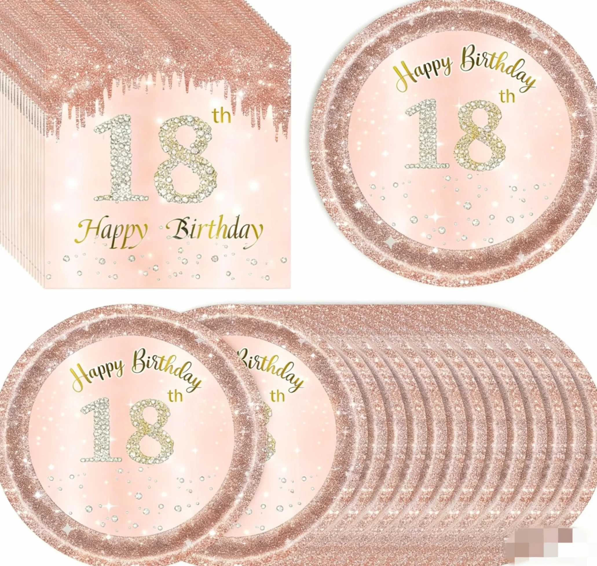 Decorazione 18° Compleanno, 16 Piatti di Carta 18 cm e 20 Tovaglioli 16,5 cm Rosa