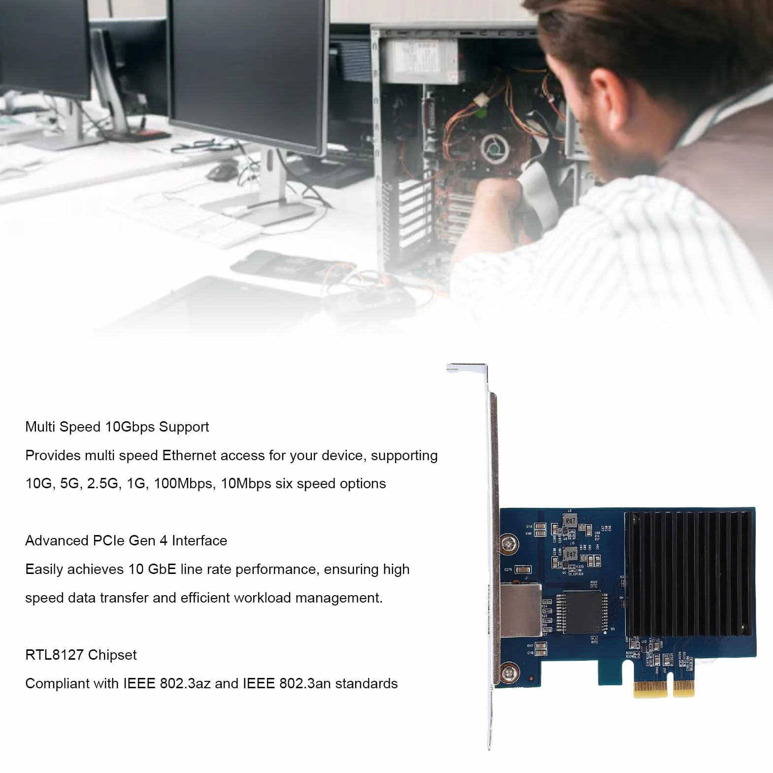 Fockety Scheda di Rete PCIe da 10 GB, Porta RJ45 RTL8127 PCI Express Gen 4 X1 a 10 Gigabit Ethernet per Linux, Adattatore LAN PCIe Ethernet