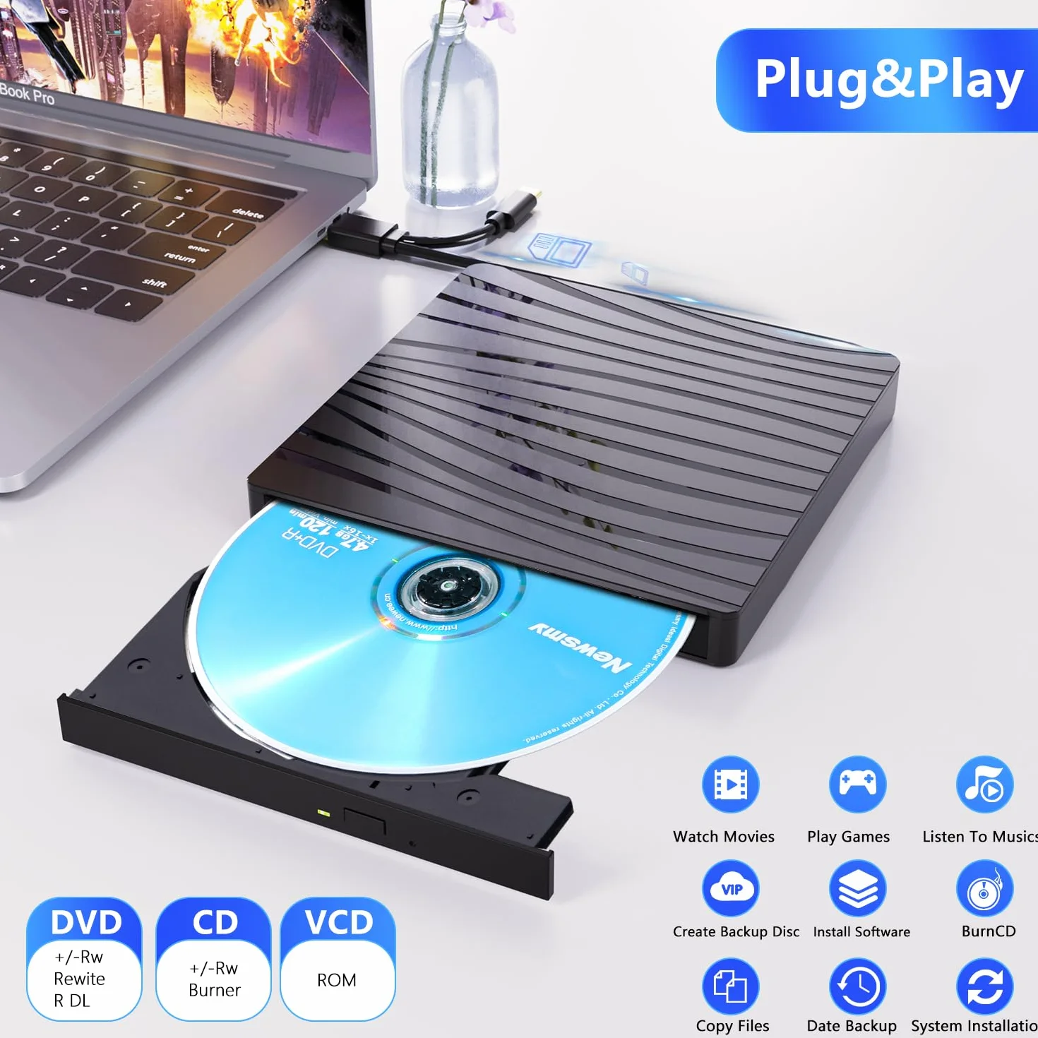 Lettore DVD Esterno per PC Portatile USB 3.0, Slim USB C CD RW Masterizzatore Esterno per Laptop, Desktop, Macbook Air/Pro, Compatibile con Windows 11/10/XP/8/7/Vista/Linux/MacOS