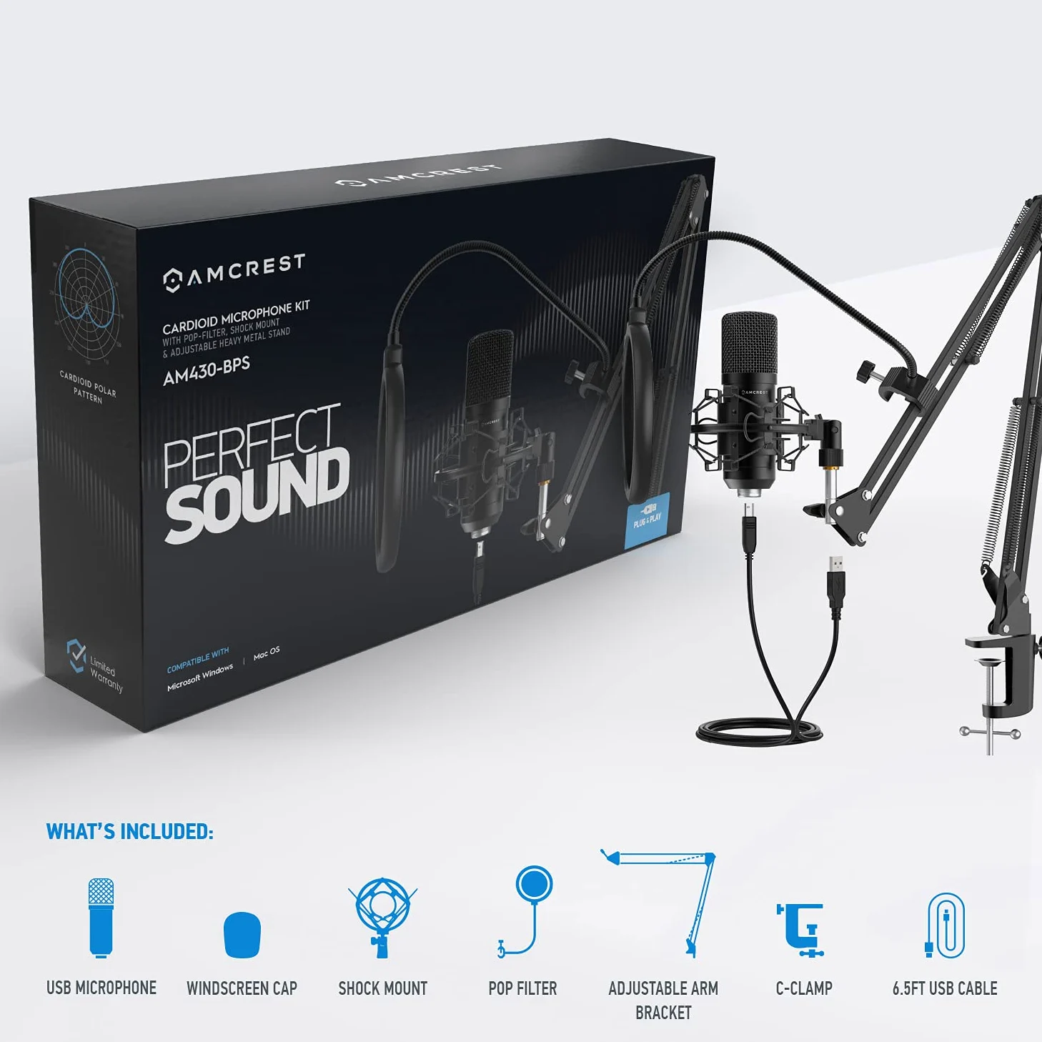 Amcrest AM430-BPS - Microfono USB per registrazioni vocali, podcast, giochi, conferenze online, Live Streaming, microfono cardioide con braccio braccio, filtro pop, supporto a scossa, AM430-BPS