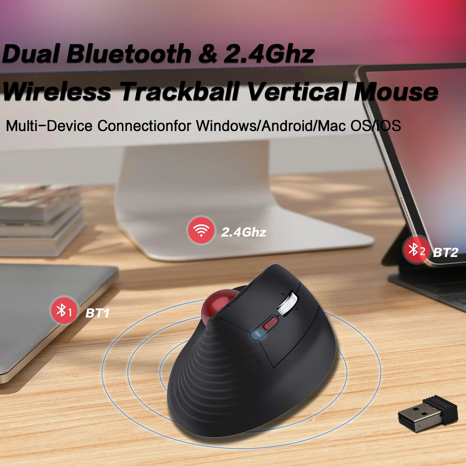 JOMAA Mouse wireless con trackball verticale, design ergonomico, commutazione a 3 dispositivi, 2,4 G/Bluetooth 5.0, ricaricabile di tipo C, DPI regolabile, compatibile con Windows/macOS/iOS/Android