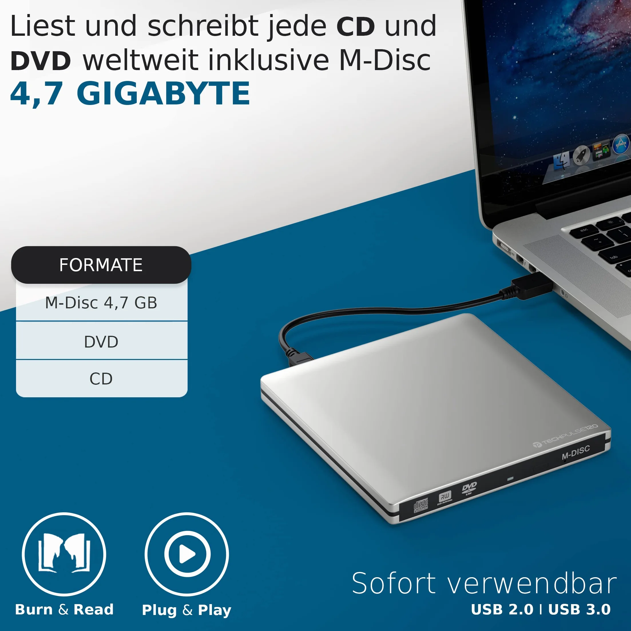 techPulse120 USB 3.0 Masterizzatore Alluminio M-Disc DVD CD Rom Esterno Unità Adattatore Burner CD/DVD Esterna DVD-R CD-RW, SuperDrive per PC Laptop Notebook Ultrabook Computer