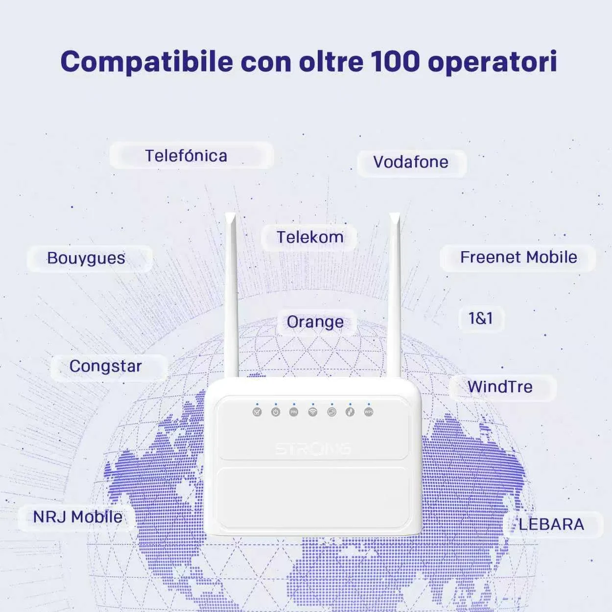 STRONG Router WiFi N300 Mbps con SIM, 4G Cat4 LTE, Antenne Esterne Fisse, Porte WAN/LAN 100 Mbps, Router con SIM, Plug and Play, Supporta fino a 32 Dispositivi, Rete Sicura (4GROUTER360)
