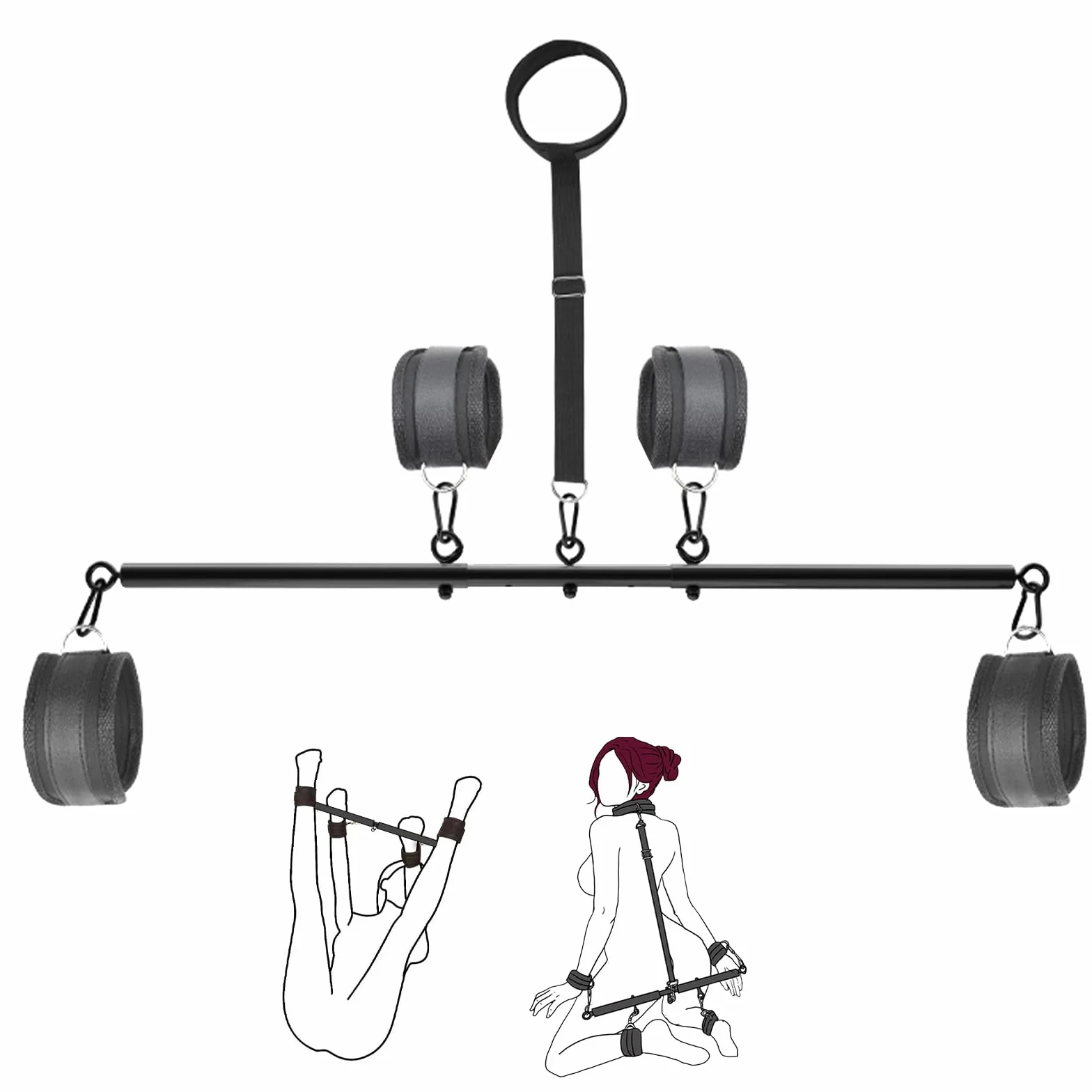 Barra Divaricatrice Regolabile BDSM con Collare e Manette – Set di Costrizione per Polsi, Collo e Caviglie
