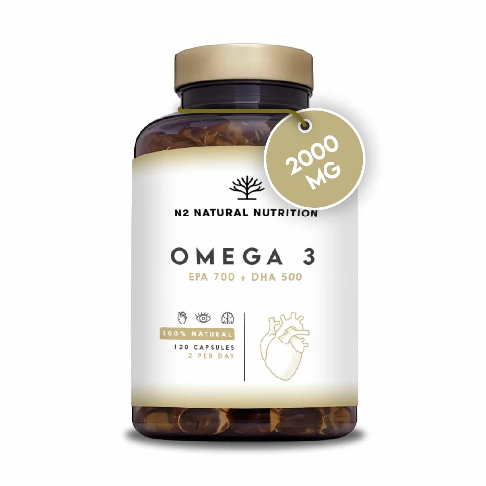 Omega 3 Olio di Pesce 2000 mg EPA 700 mg DHA 500 mg Integratore con Vitamina E 120 Softgel N2 Natural Nutrition