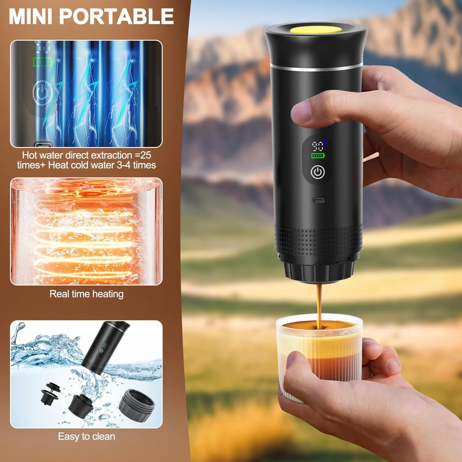 Macchina da Caffè Portatile 3 in 1 con Display Temperatura, 80ml Acqua 20 Bar Modalità Caldo/Freddo, USB-C 7500mAh, Compatibile con Capsule e Caffè Macinato