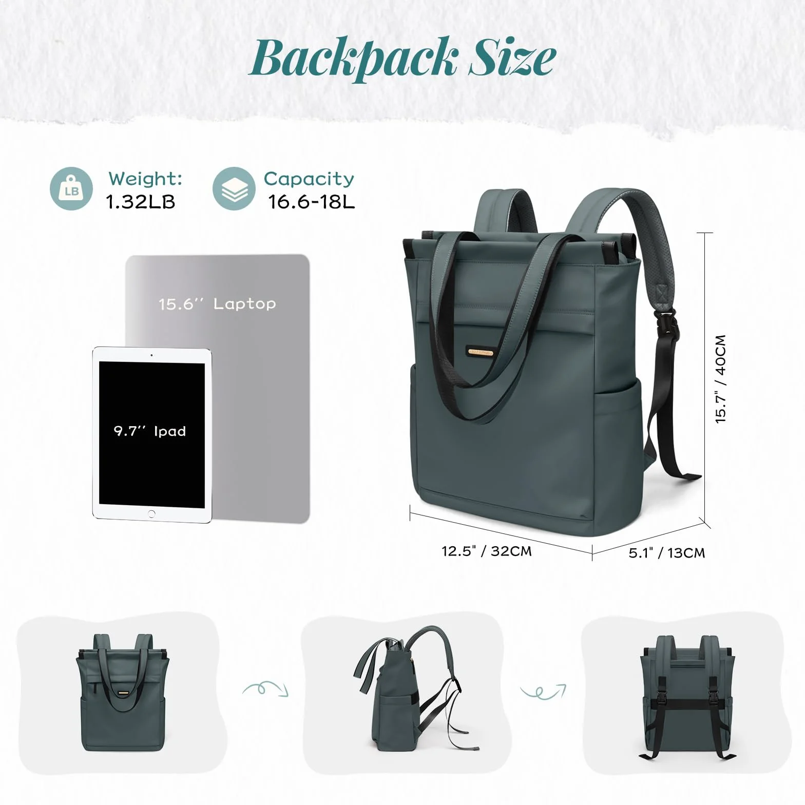 GOLF SUPAGS Borsa per Notebook Convertibile, Zaino per Laptop da Donna con Scomparto per Laptop, Borsa a Tracolla Viaggio Moda Casual da 15.6 Pollici, per Università, Lavoro (Verde Scuro)