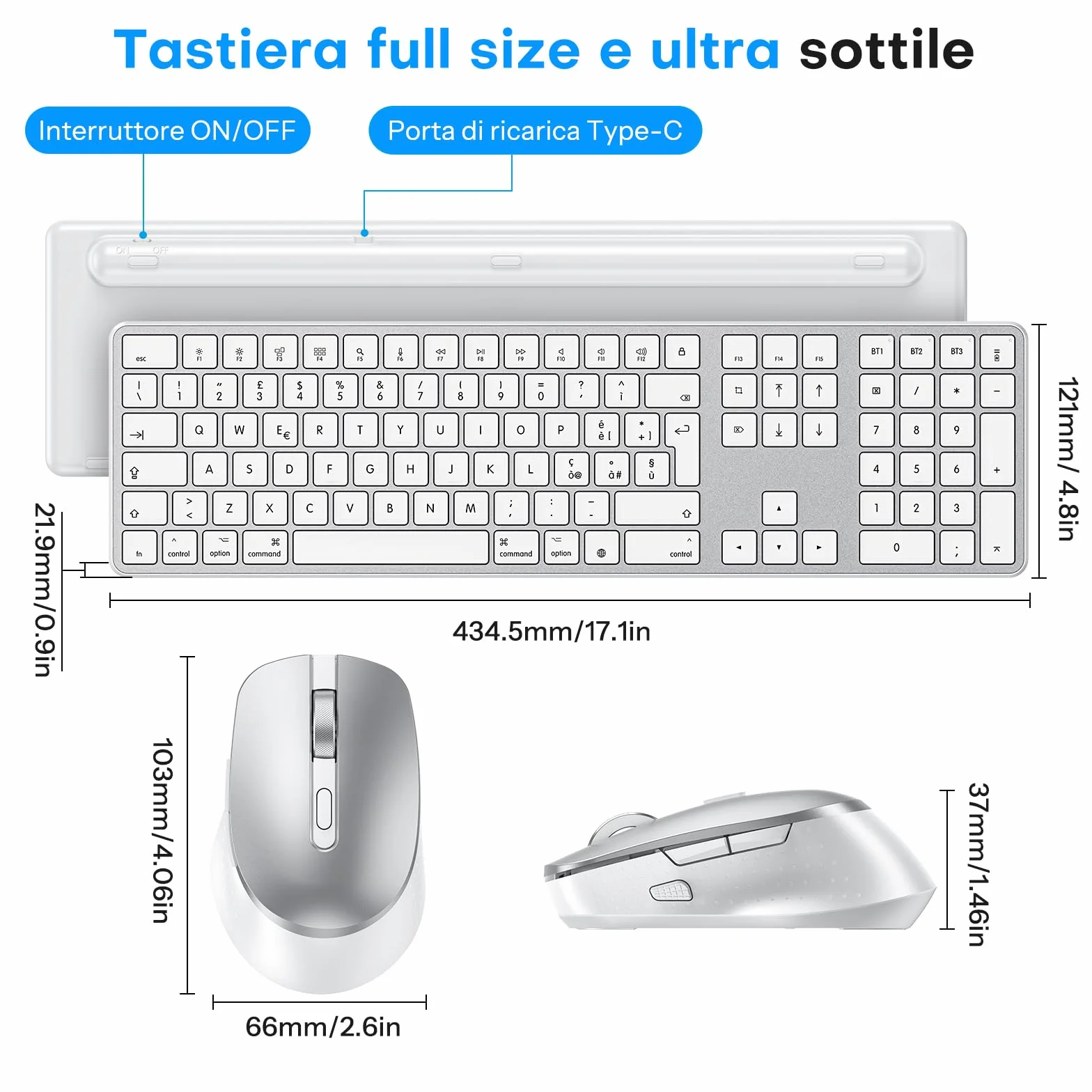 OMOTON Kit Tastiera e Mouse Wireless Bluetooth per Mac, Tastiera e Mouse Ricaricabile con 3 Canali Bluetooth per Mac Pro/Mini, MacBook Pro/Air, iMac, iMac Pro, Layout Italiano QWERTY, Argento